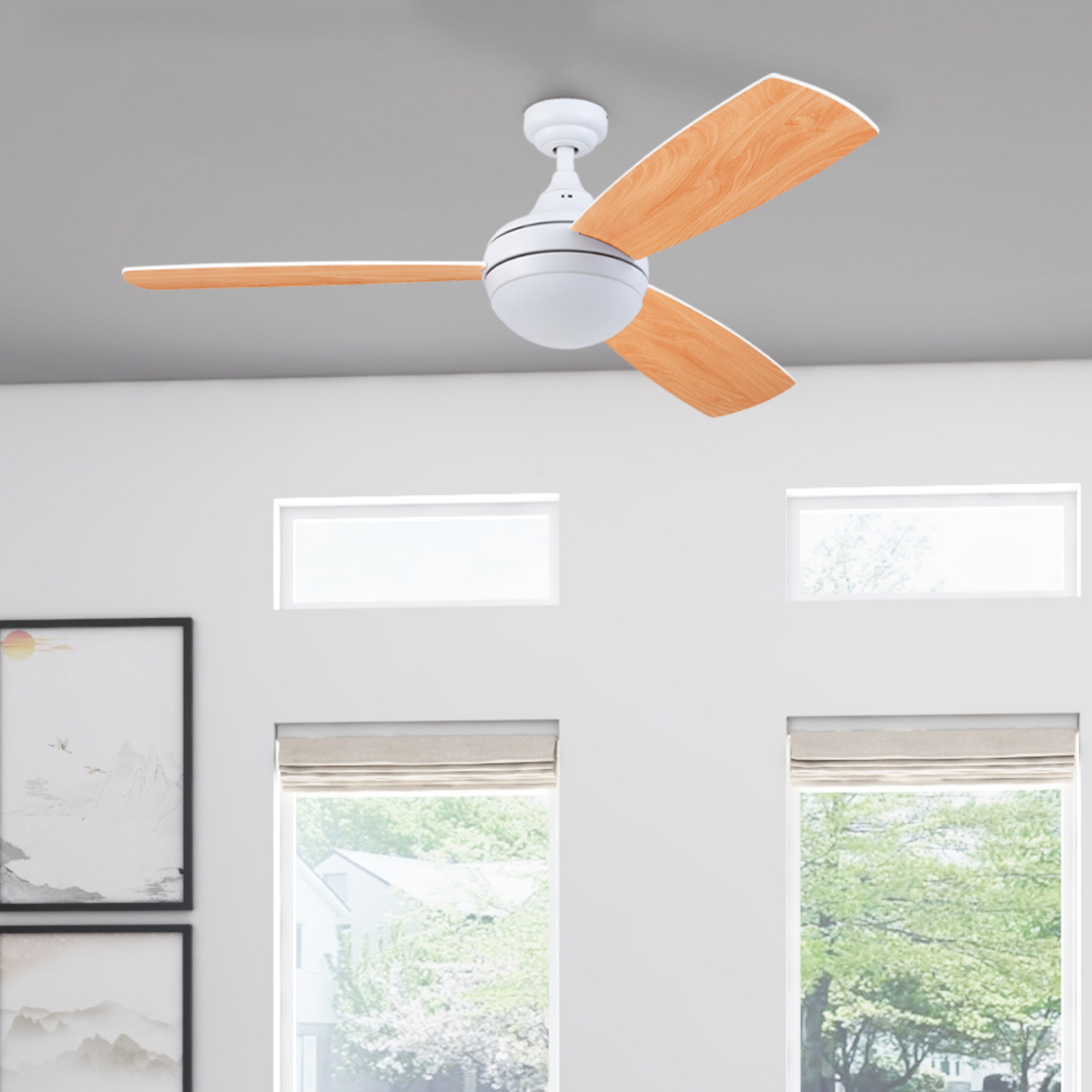 52 Inch White Calico Ceiling Fan with Remote Control - Perfect for Living Room, Bedroom, and Office Spaces