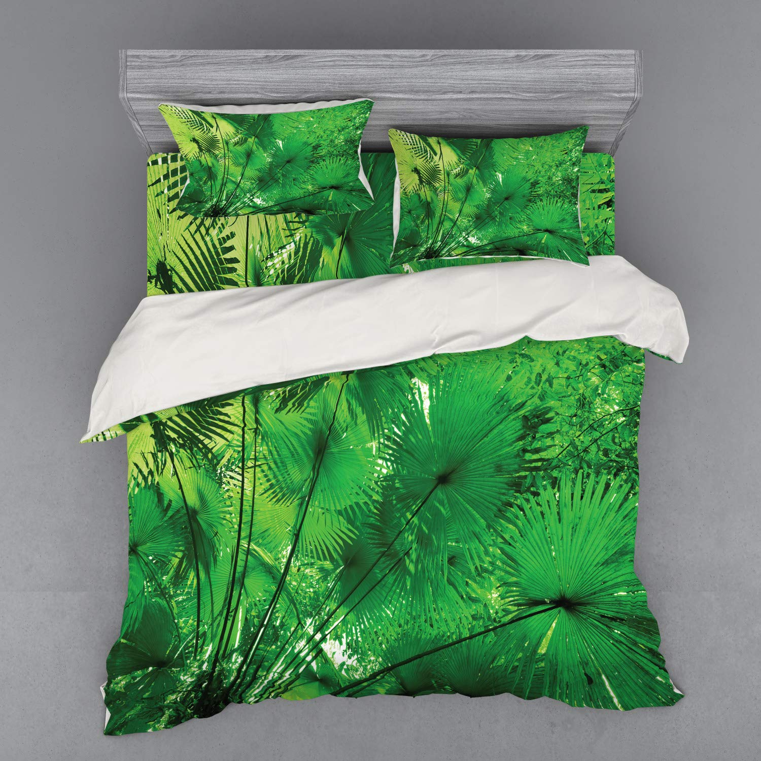 Ambesonne Rainforest Duvet Cover Set - Tropical Jungle Plants Design, 4-Piece King Size Bedding Set with Pillow Shams & Fitted Sheet, Green - Perfect for Nature-Themed Bedrooms, Eco-Friendly Home Decor & Jungle-Inspired Interior Design