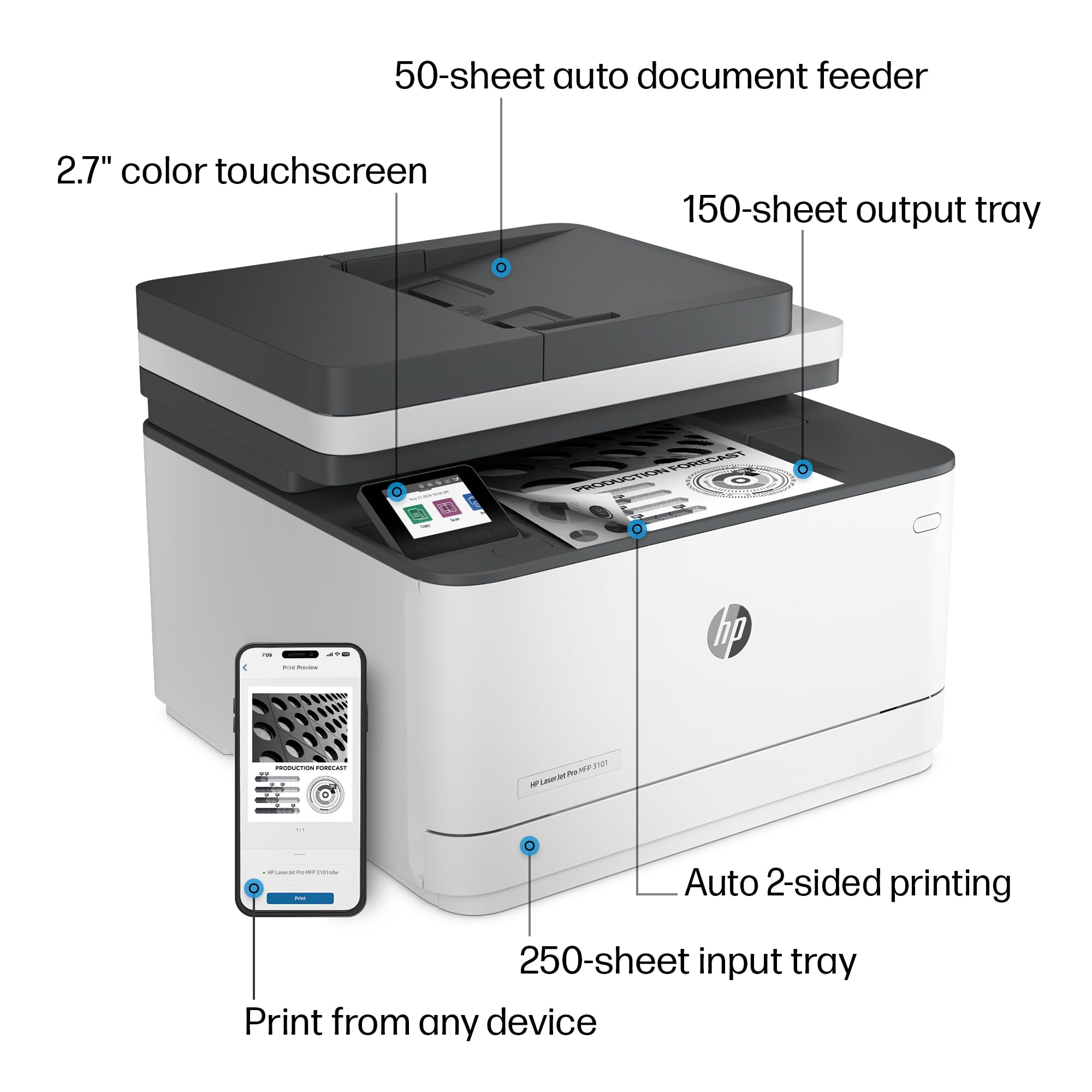 HP Laserjet Pro MFP 3101sdw Wireless Laser Printer - Fast Printing, Scanning & Copying for Home Office & Small Business Use