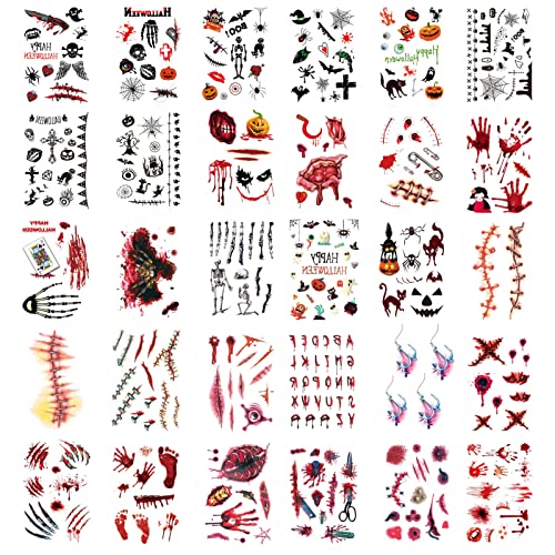 Scary Halloween Temporary Tattoos - 30 Sheets of Horror Fake Scars & Bloody Wounds for Costume Makeup | Perfect for Halloween Parties, Cosplay & Horror Events