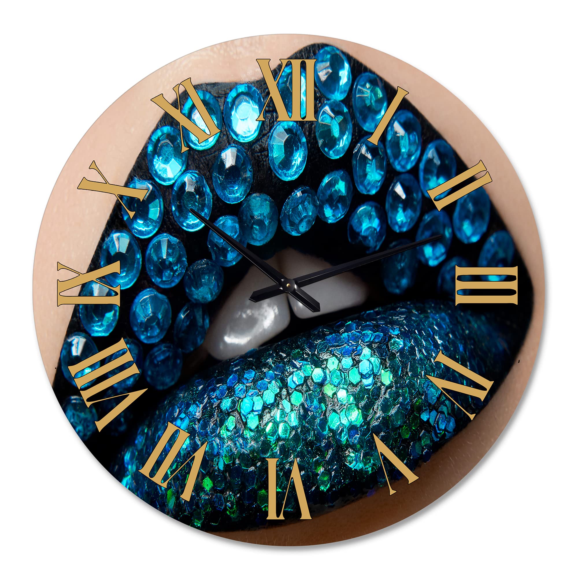 DesignQ Modern Wall Clock - 'Female Lips with Black Lipstick & Blue Diamonds' Large 36x36 Inch Decorative Clock for Kitchen, Living Room, Bedroom & Office | Unique Home Decor Gift Idea