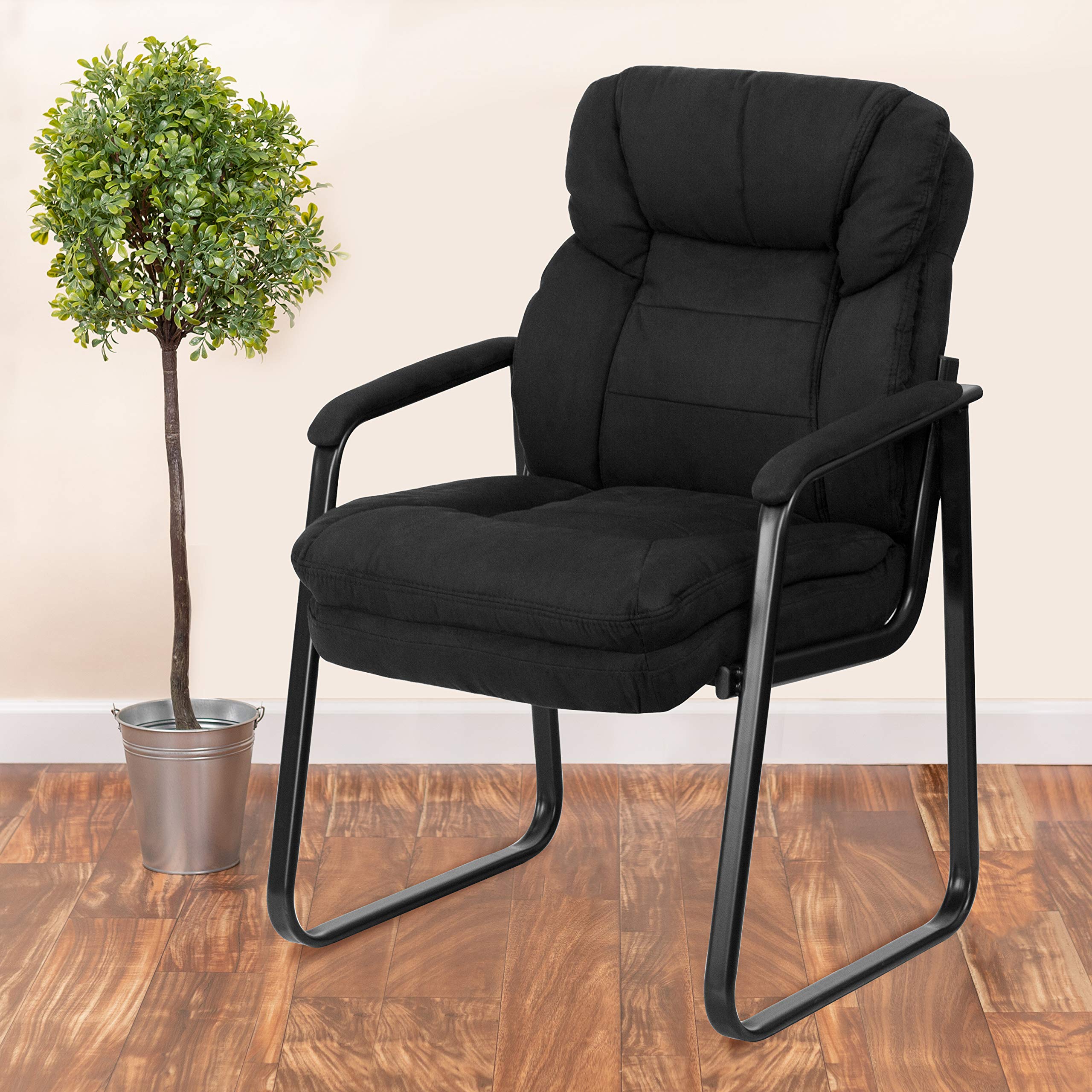 EMMA & OLIVER Black Microfiber Side Chair with Lumbar Support & Sled Base - Modern Dining Chair for Kitchen, Office, or Living Room - Comfortable & Stylish Seating Solution
