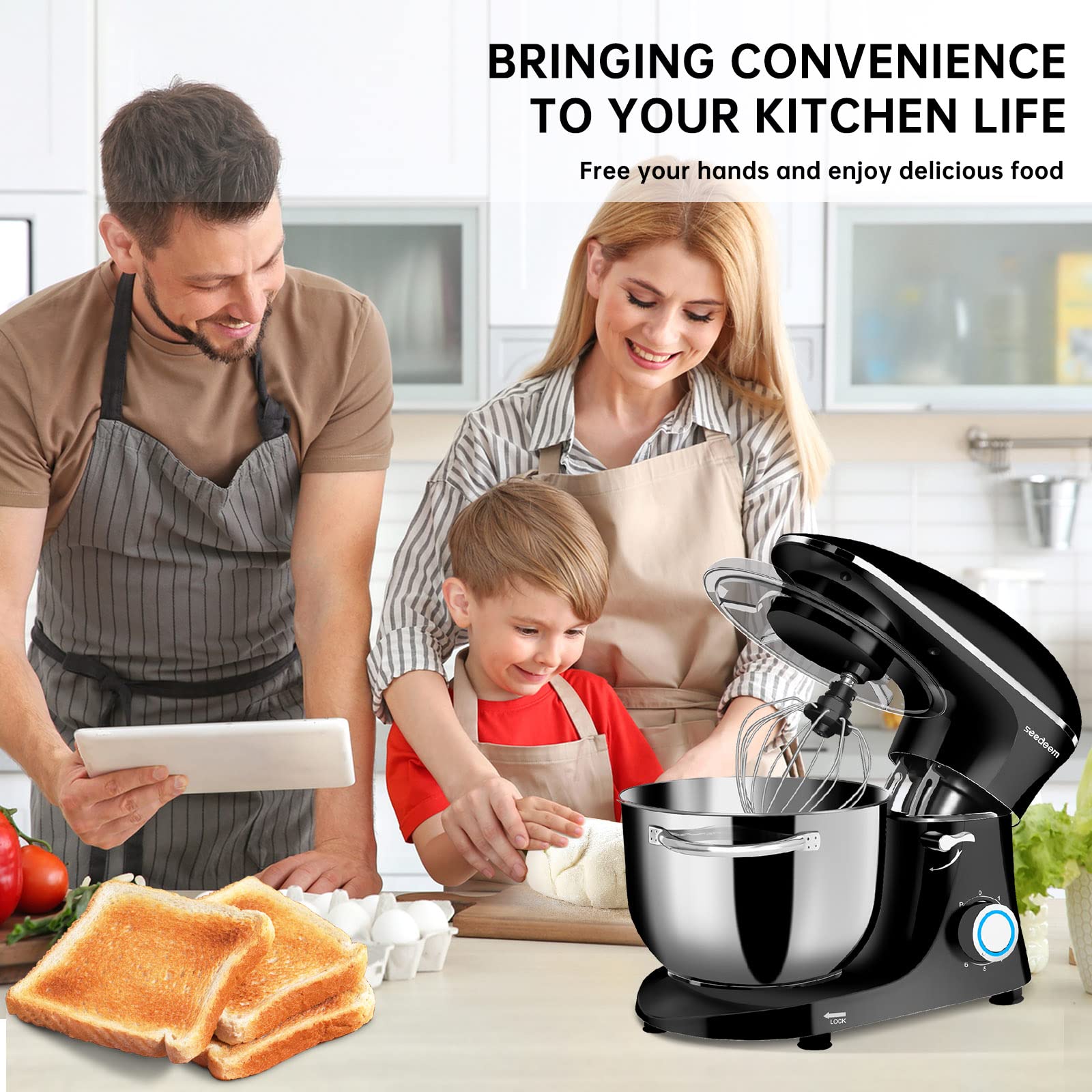 Seedeem 6Qt Stand Mixer, 660W Electric Food Mixer with Tilt-Head, 6-Speed Dough Mixer - Includes Dishwasher-Safe Dough Hook, Wire Whip & Beater - Perfect for Baking Bread, Cookies, Cakes & More - Black