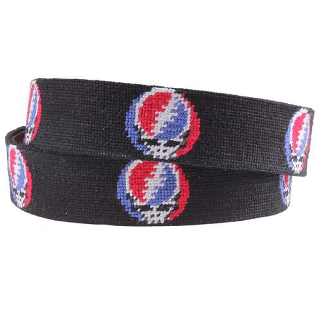 Smathers & Branson Black Steal Your Face Needlepoint Belt - Perfect for Grateful Dead Fans & Vintage Style Outfits