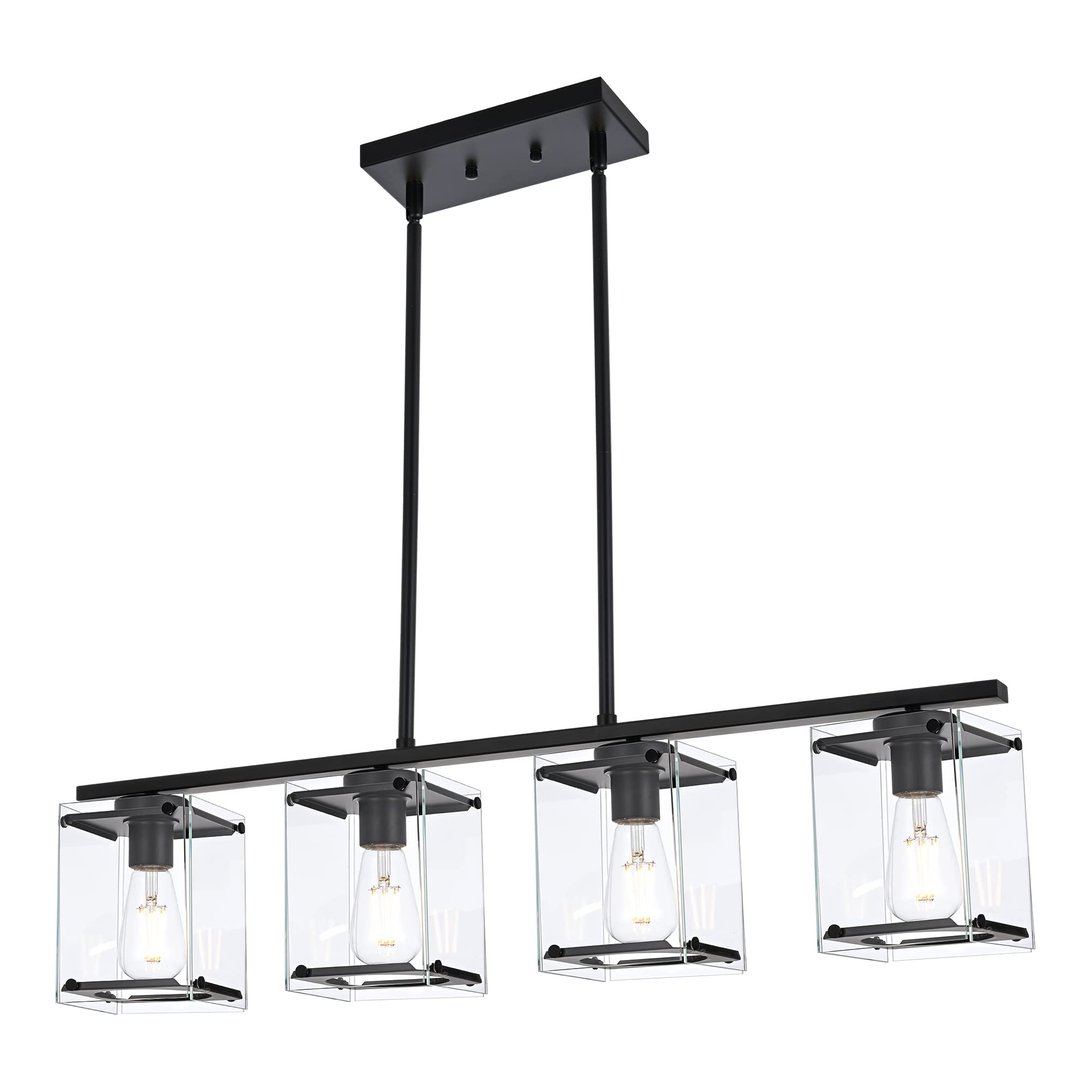 MELUCEE 4-Light Farmhouse Pendant Lighting - Matte Black Linear Chandelier with Clear Glass Shade for Kitchen Island, Dining Room, Foyer | Modern Rustic Home Decor Lighting Fixture