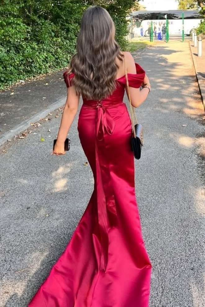 Elegant Off Shoulder Red Satin Mermaid Prom Dress - Formal Evening Gown J6029 for Homecoming, Prom Night & Special Occasions