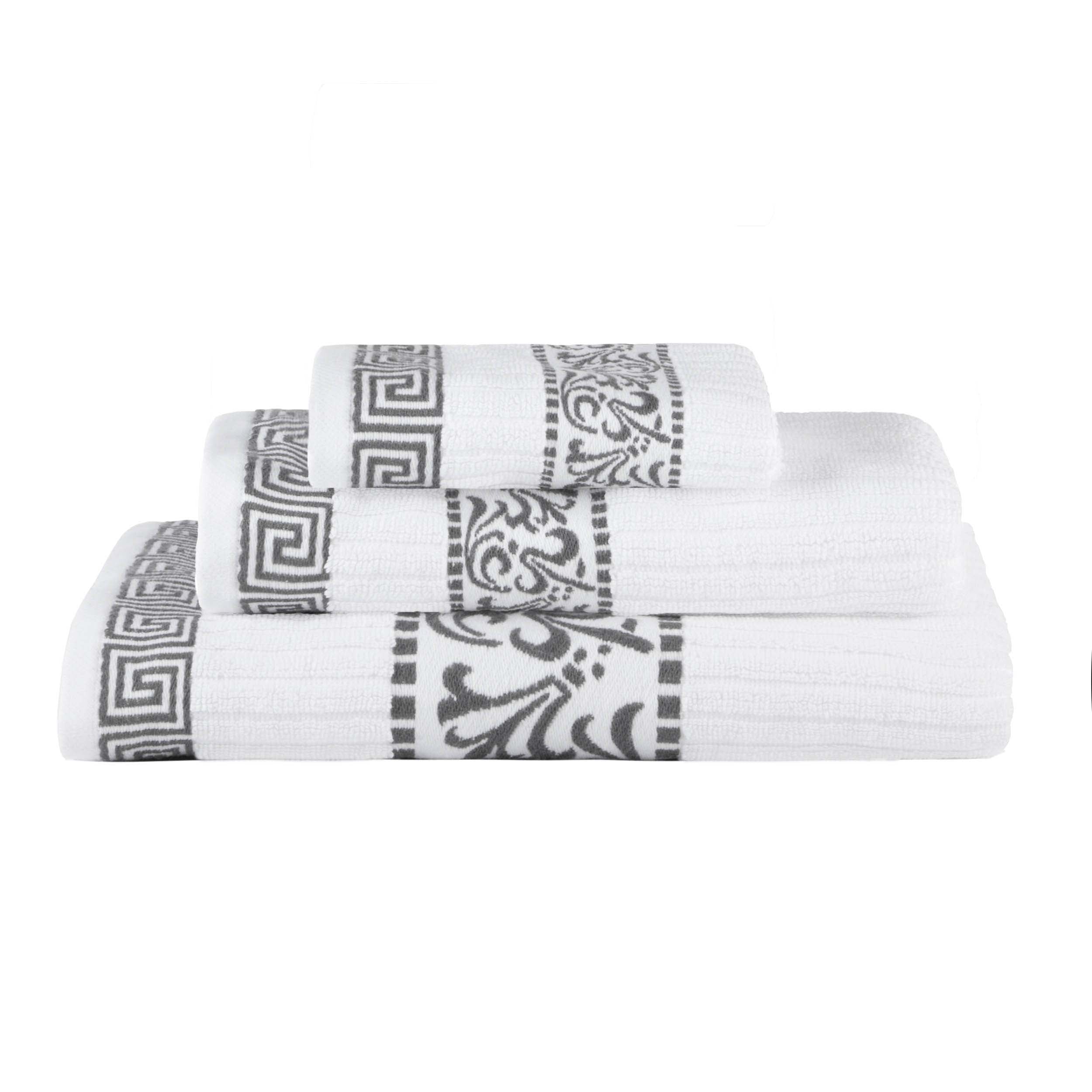 Premium Athens Cotton Greek Scroll & Floral 3-Piece Bath Towel Set - Soft Absorbent Luxury Towels for Spa, Bathroom & Guest Use