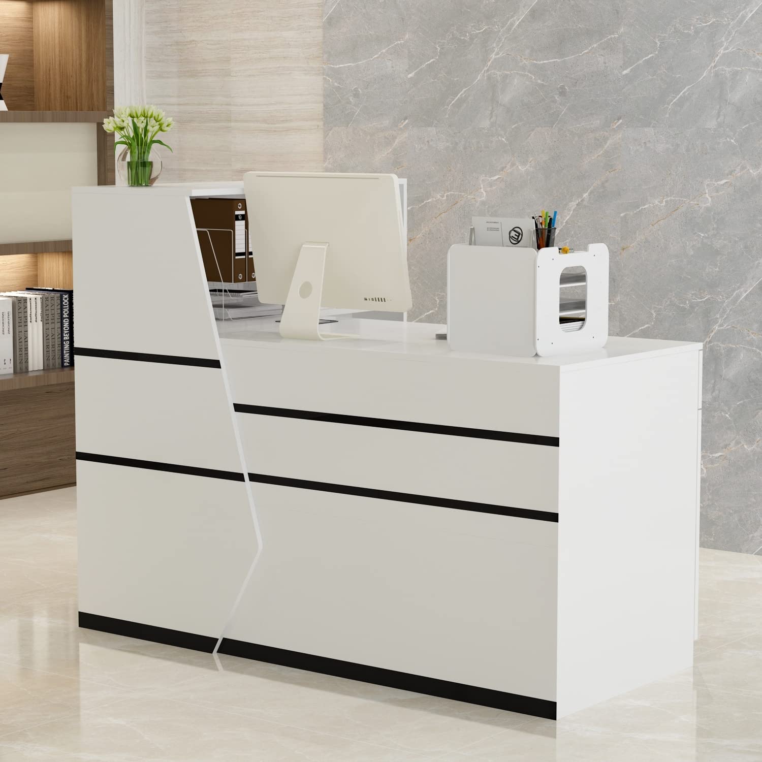 Kerrogee L-Shape Reception Desk - Modern Laminate Office Computer Workstation for Home & Business Use - Perfect for Reception Areas, Home Offices, and Workspaces