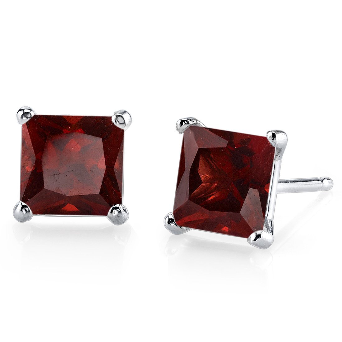 Peora 14K White Gold Genuine Red Garnet Stud Earrings for Women - 6mm Princess Cut, 2.75 Carats Total, Friction Back - January Birthstone Jewelry - Perfect for Everyday Wear, Gifts & Special Occasions