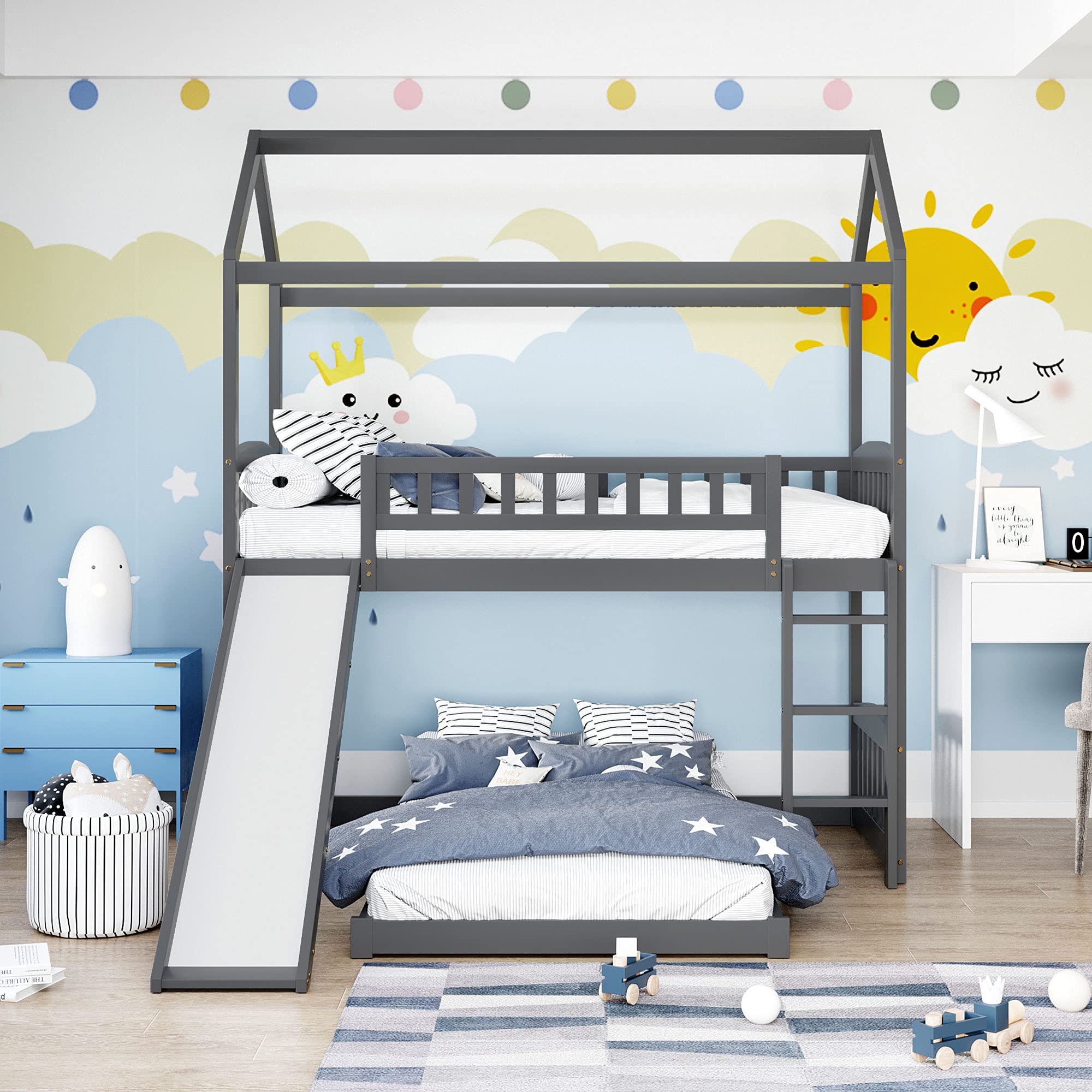P PURLOVE Twin Over Twin Wooden Bunk Bed with Slide for Kids - Fun & Safe Loft Bed for Children's Room, Playroom, or Sleepovers - No Box Spring Needed