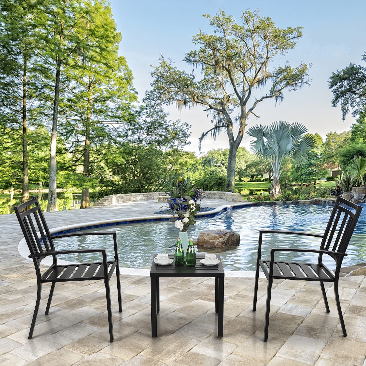 MFSTUDIO 3-Piece Outdoor Patio Furniture Set - Modern Black Metal Bistro Table and Chairs with Wrought Iron Design - Perfect for Garden, Backyard, Balcony or Cafe Outdoor Dining
