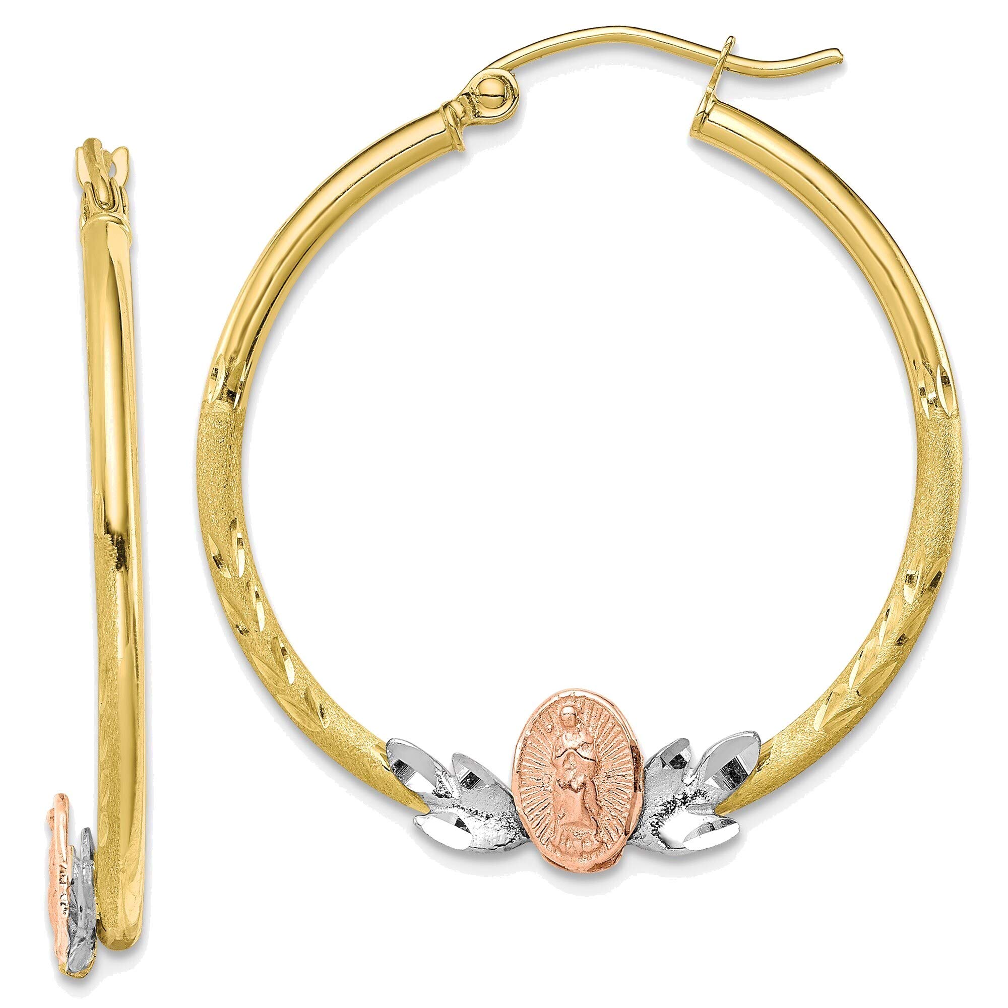14K Tri-Color Guadalupe Hoop Earrings - Yellow, White & Rose Gold | Elegant Mexican Jewelry for Women | Perfect for Parties, Weddings & Special Occasions