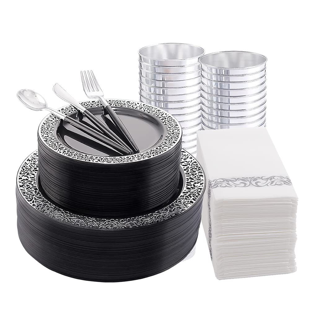 350-Piece Black & Silver Plastic Dinnerware Set - Disposable Plates, Silverware & Napkins for 50 Guests - Elegant Party Supplies for New Year Celebrations, Weddings & Special Events