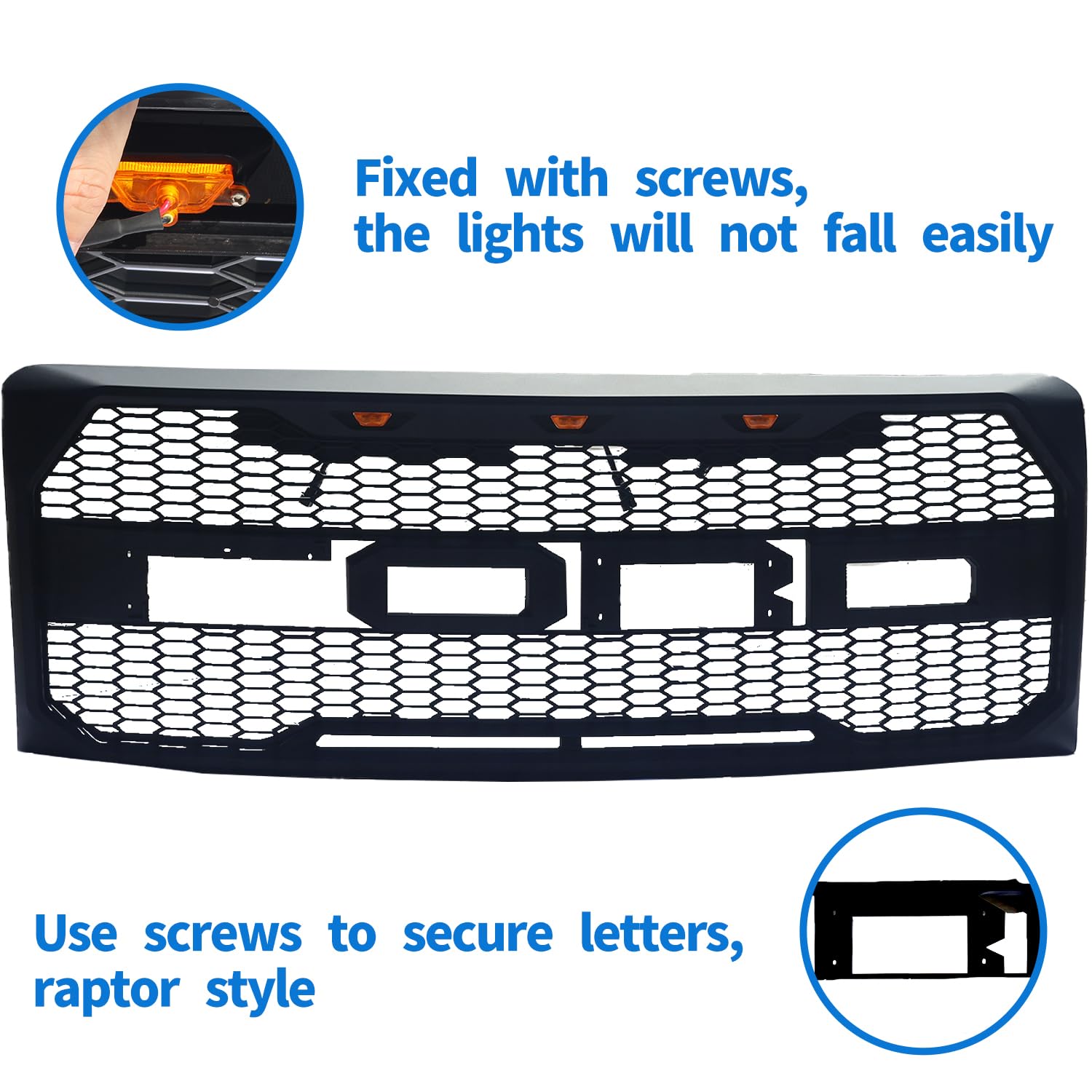 Ford F150 Front Grille Replacement (2009-2014) - Raptor Style Matte Black Mesh Grill with 3 Amber LED Lights | Upgrade for Off-Road & Truck Enthusiasts