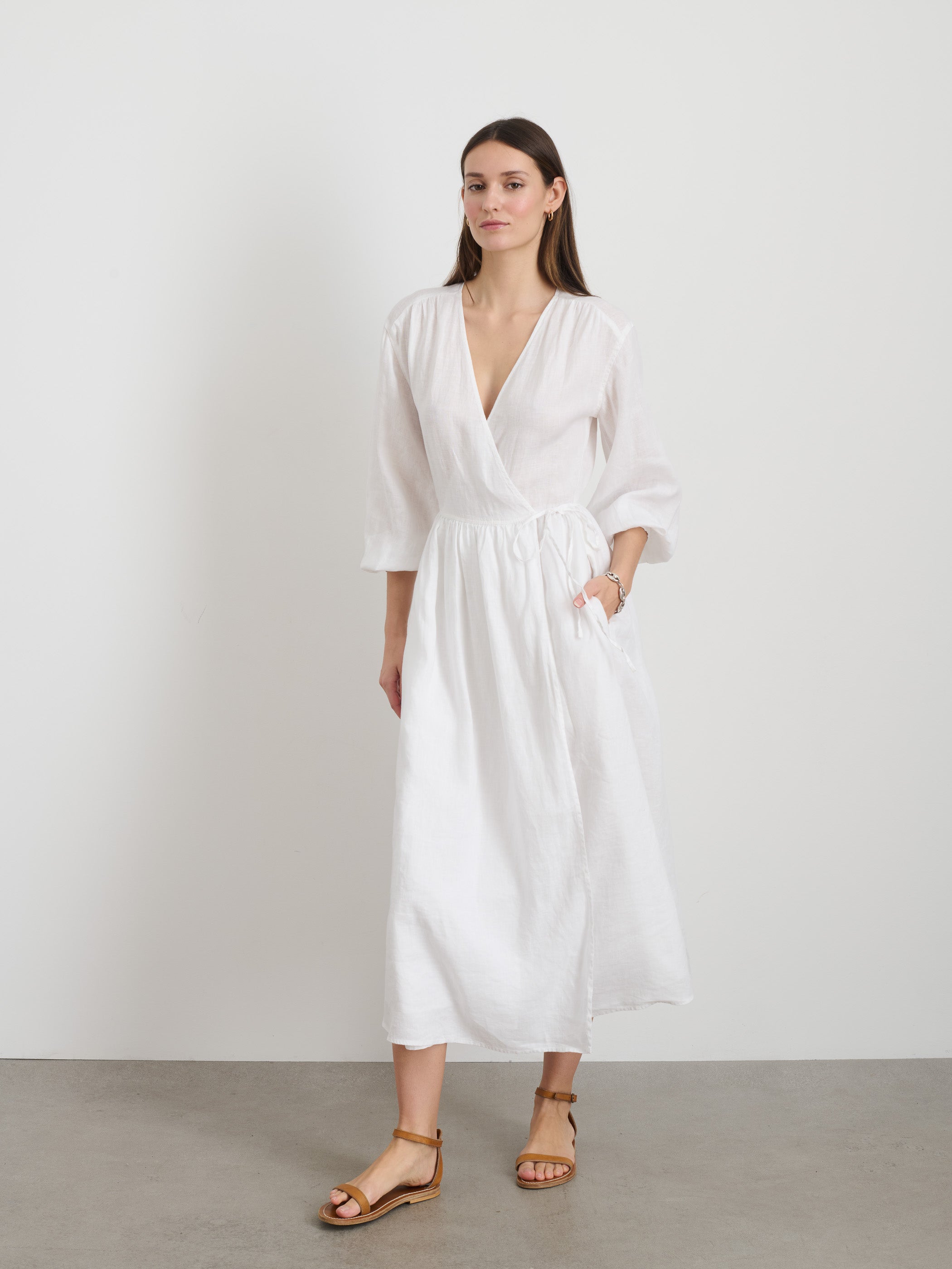 Lauren Wrap Dress In Linen - Women's Flowy Summer Dress with V-Neck & Belt - Perfect for Beach, Vacation & Casual Outings