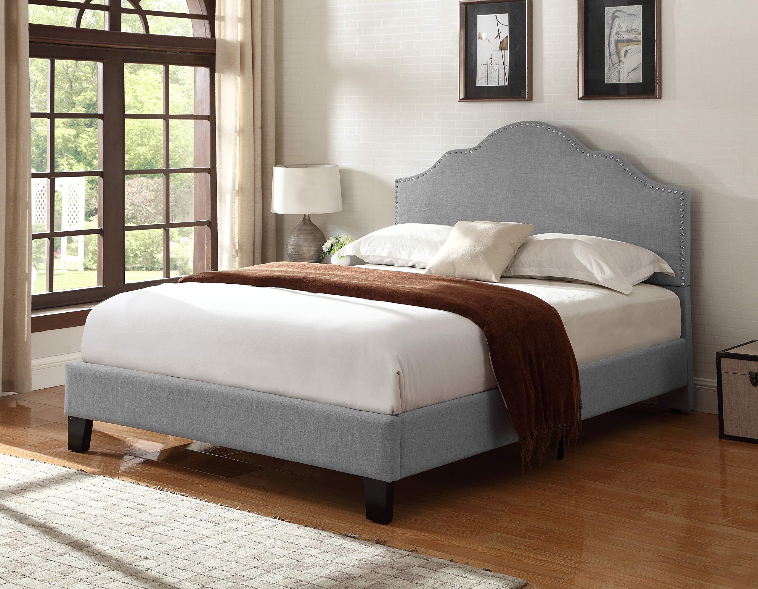 Emerald Home Madison Upholstered Bed Frame with Headboard - Light Gray Upholstery - Queen Size Bed for Modern Bedroom & Guest Room