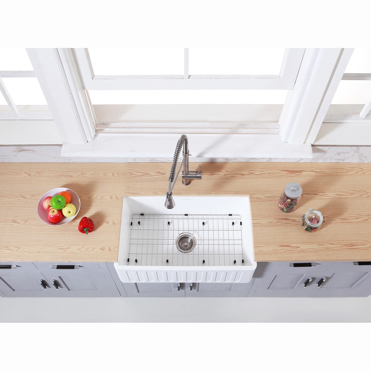 Arcticstone 30 Inch White Stone Single Bowl Farmhouse Kitchen Sink with Deck Mount Bridge Faucet - Brushed Brass Finish with Side Sprayer & Basket Strainer | Perfect for Rustic & Modern Kitchens, Remodeling Projects