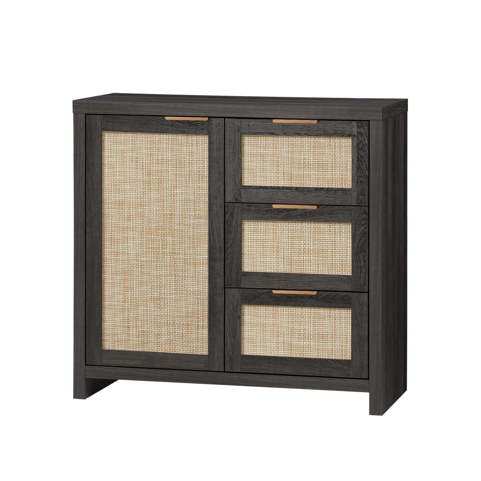 Hampstead 3-Drawer Rattan Storage Cabinet - Adjustable Shelves Kitchen Buffet Sideboard for Living Room, Hallway & Dining Room - Midnight Oak Finish | Perfect for Home Organization & Entertaining