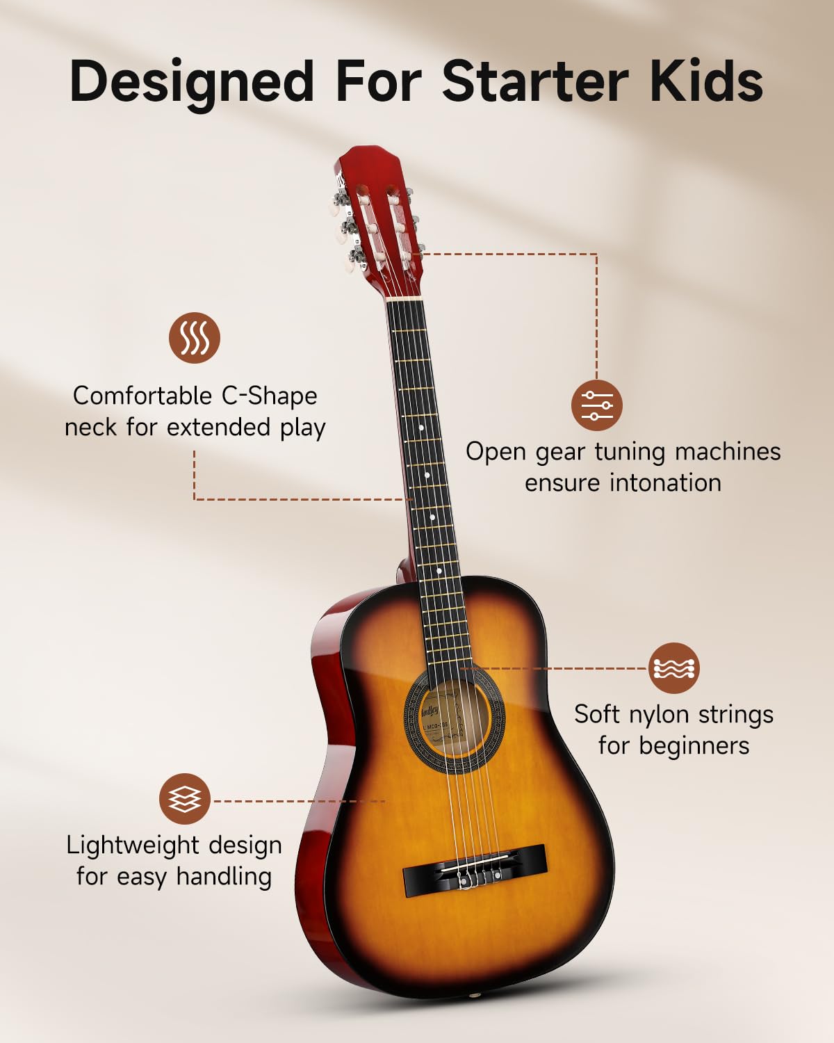Moukey 38 Inch Acoustic Guitar for Beginners - Full Size Dreadnought Guitar Kit with Gig Bag, Tuner, Picks, Capo & Strap - Ideal for Kids, Youth & Adults - Perfect for Home Practice, Camping & Music Lessons (Sunburst)