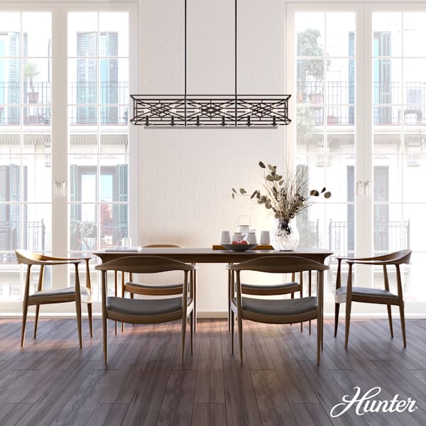 Hunter Langwood 6-Light Modern Linear Chandelier in Onyx Bengal - Sleek Black Glass Fixture for Dining Room, Kitchen Island & Contemporary Living Spaces