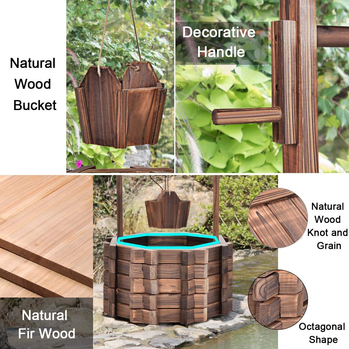 ReunionG Outdoor Wooden Wishing Well Planter with Hanging Flower Bucket - Rustic Garden Decor for Patio, Yard & Home - Perfect for Flowers, Herbs & Outdoor Decorating