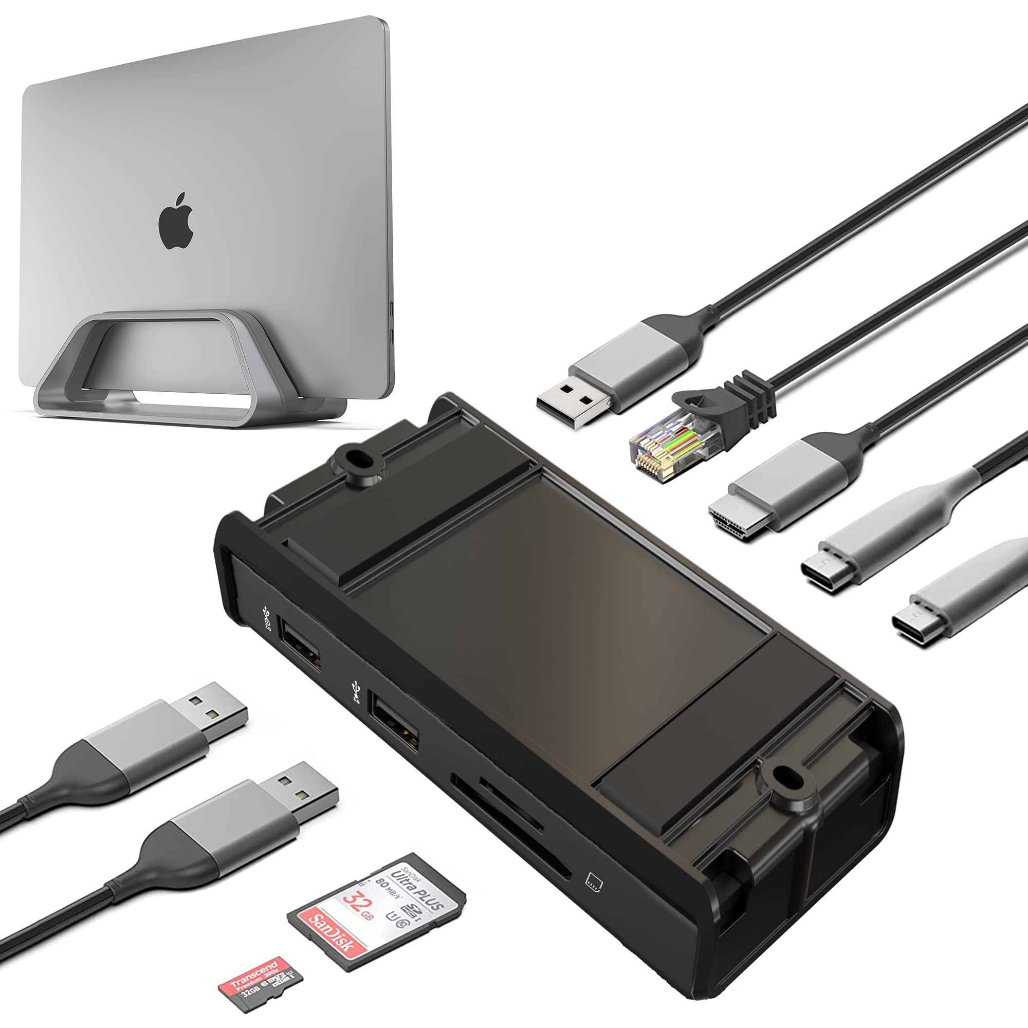 HumanCentric Space Gray Vertical Laptop Stand with USB-C Docking Station - Ergonomic Laptop Holder & Under-Desk Organizer with 87W Charger & HDMI Monitor Support - Perfect for Home Office & Workspace Setup