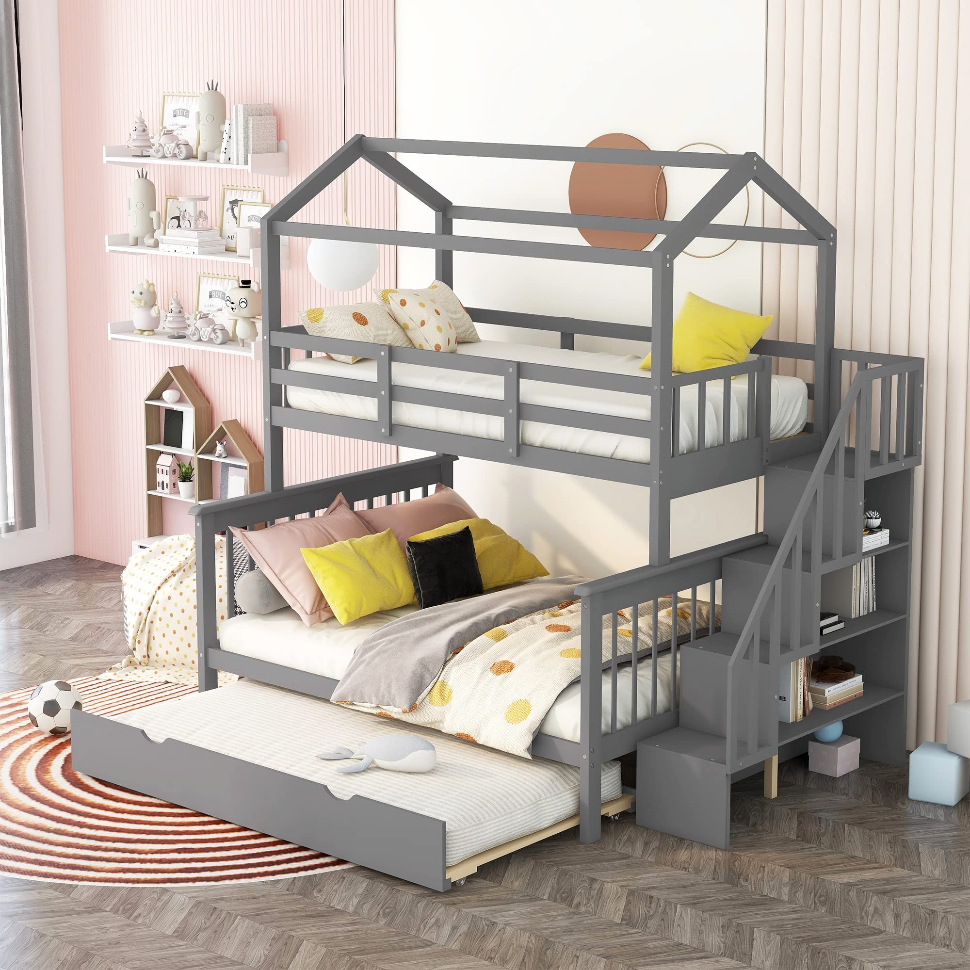 LZ LEISURE ZONE Twin Over Full Bunk Bed with Trundle & Staircase - Convertible to 3 Separate Platform Beds, Solid Wood Frame (Grey) - Perfect for Kids' Bedroom, Guest Room & Space-Saving Home Furniture