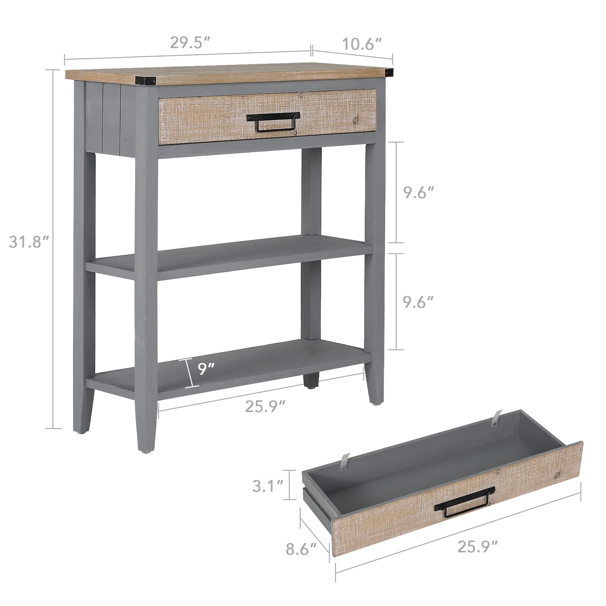 Rustic Farmhouse Console Table with Drawer - 3-Tier Entryway Table with Open Storage Shelves & Handmade Metal Handle - Narrow Sofa Table for Living Room, Hallway, Foyer - Perfect for Small Spaces & Home Decor (Grey)