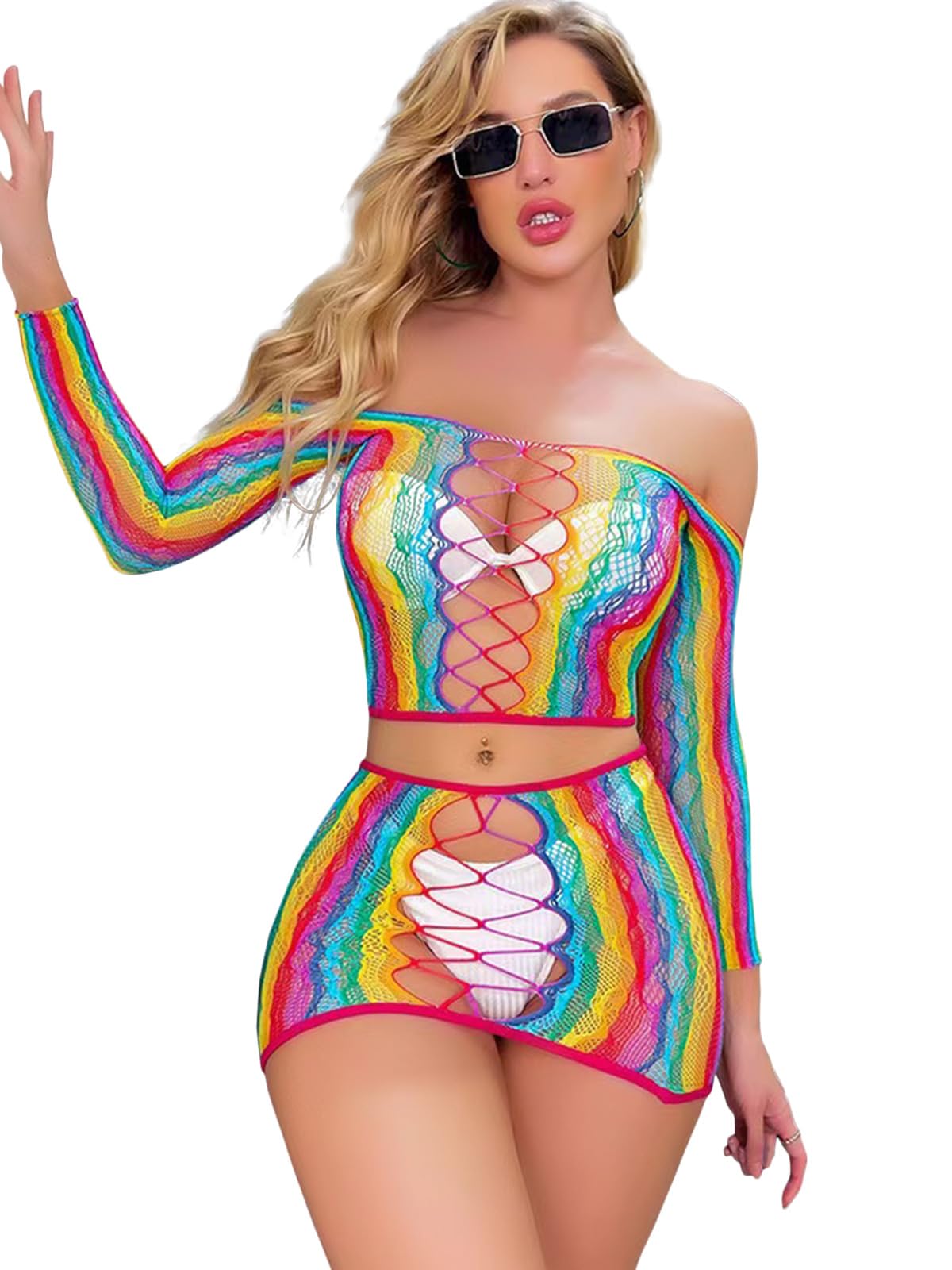 Sexy Women's Mesh Lingerie Fishnet Babydoll Mini Dress Bodysuit - See Through Long Sleeve Lingerie Cover Up for Valentine's Day & Romantic Nights