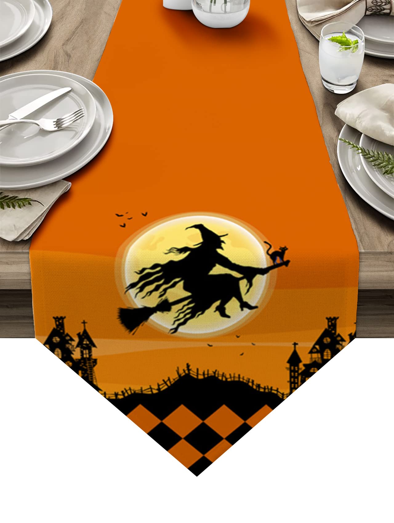 Halloween Witch Moon Castle Orange Plaid Table Runner - 13x90 Inch Long Non-Slip Washable Kitchen Dining Decor for Farmhouse, Party, Holiday Dinner - Perfect for Halloween Decorations, Thanksgiving Table Setting & Christmas Dinner Centerpiece