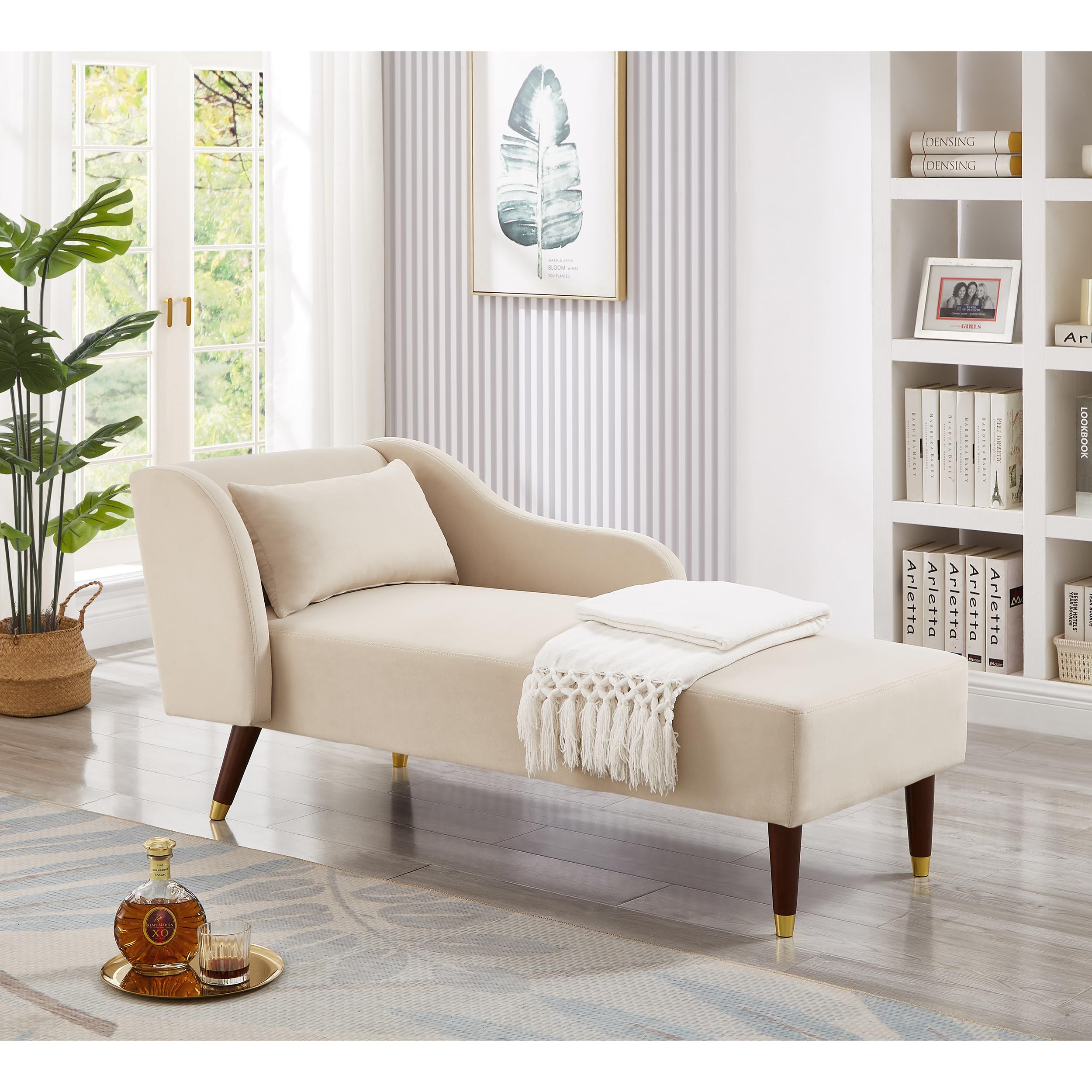 Velvet Upholstered Chaise Lounge Chair with Pillow - Solid Wood Legs Modern Indoor Lounge Chair for Living Room, Bedroom & Office - Beige - Perfect for Relaxing, Reading & Home Decor