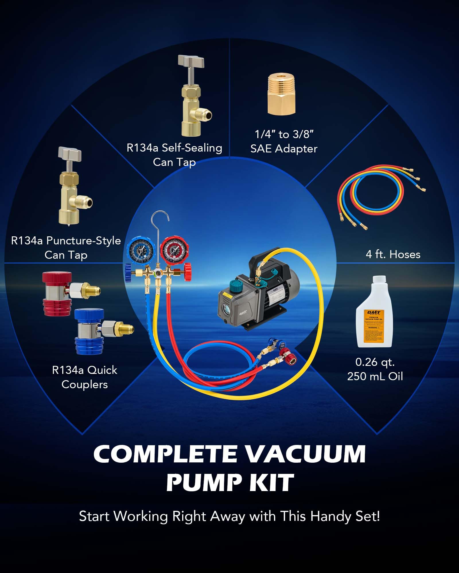 Orion Motor Tech 1/4 HP 3.5 CFM AC Vacuum Pump & Gauge Set - Complete HVAC Manifold Gauge Kit with 3 Hoses & Adapters for R134a R12 R22 R502 Refrigerants - Professional A/C Vacuum Pump Kit for Auto Air Conditioning Repair & Maintenance