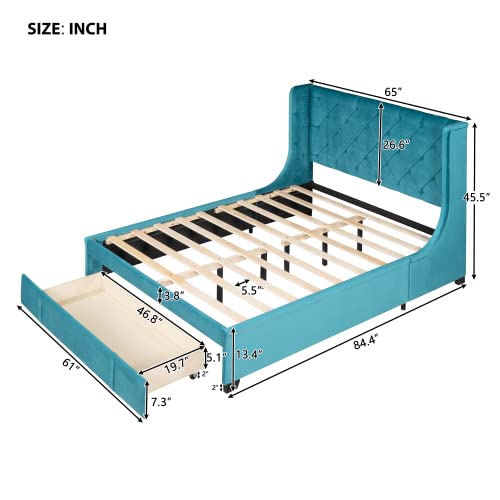 Queen Size Storage Bed with Drawer - Velvet Upholstered Platform Bed Frame with Wingback Headboard & Wooden Slat Support - Modern Blue Bedroom Furniture for Small Space & Guest Room - Perfect for Apartments, Dorms & Master Bedrooms