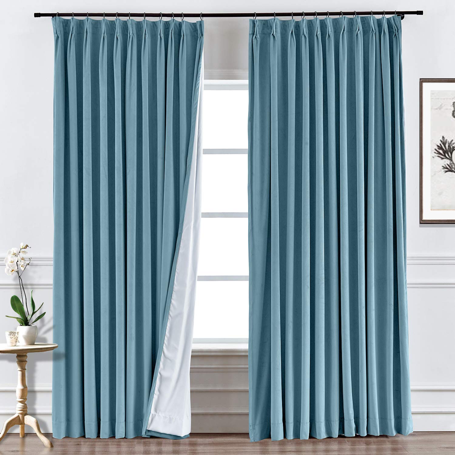 Blackout Curtains for Bedroom - Pinch Pleat Velvet Drapes 58x63 Inches, Sky Blue Room Darkening Window Treatment Panel - Perfect for Home Theater, Nursery & Light-Sensitive Sleepers