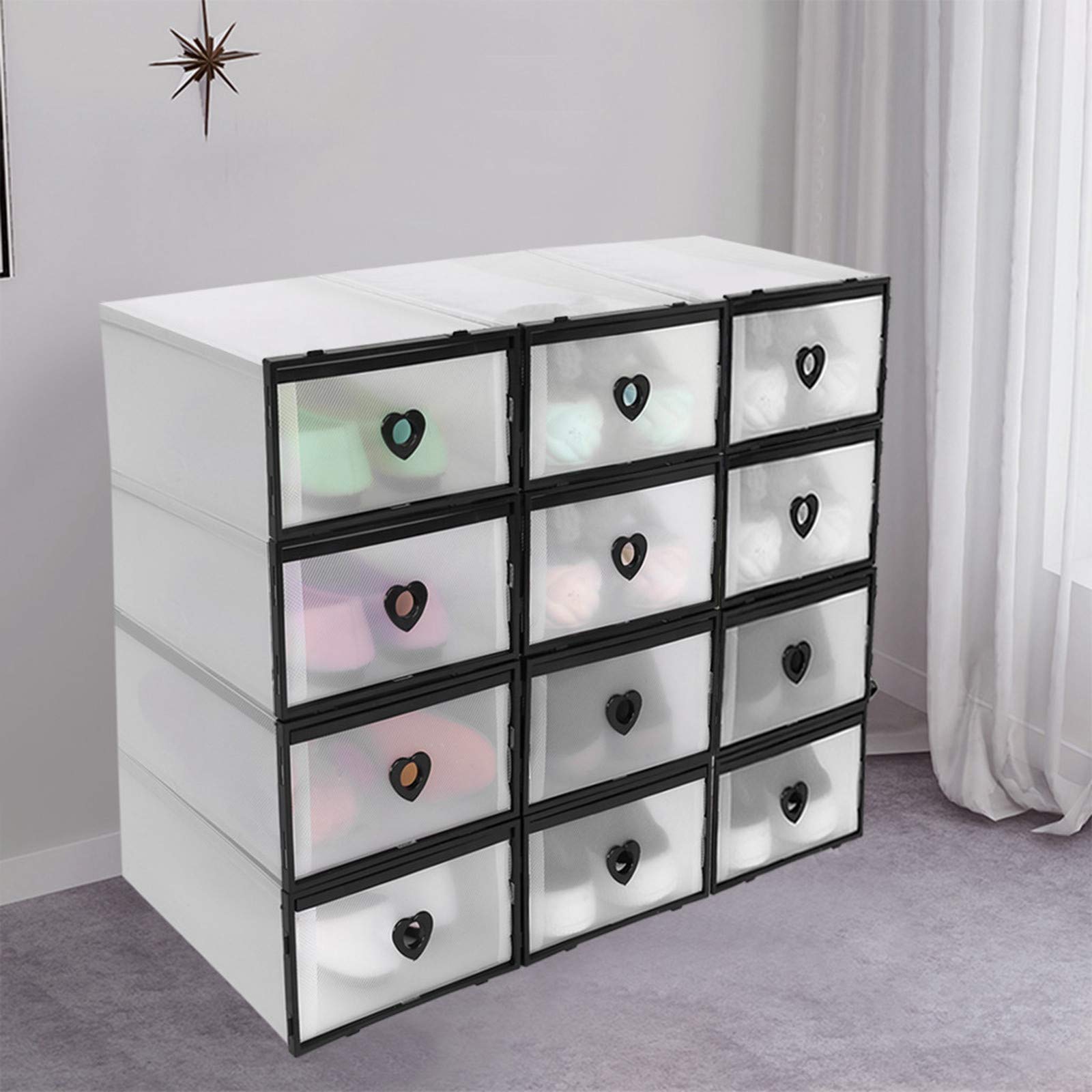 CY Space-Saving Storage Boxes - 12 Pack Clear Stackable Shoe Organizer | Foldable Plastic Shoe Box Cabinet for Closet, Bedroom & Entryway Organization (Black)