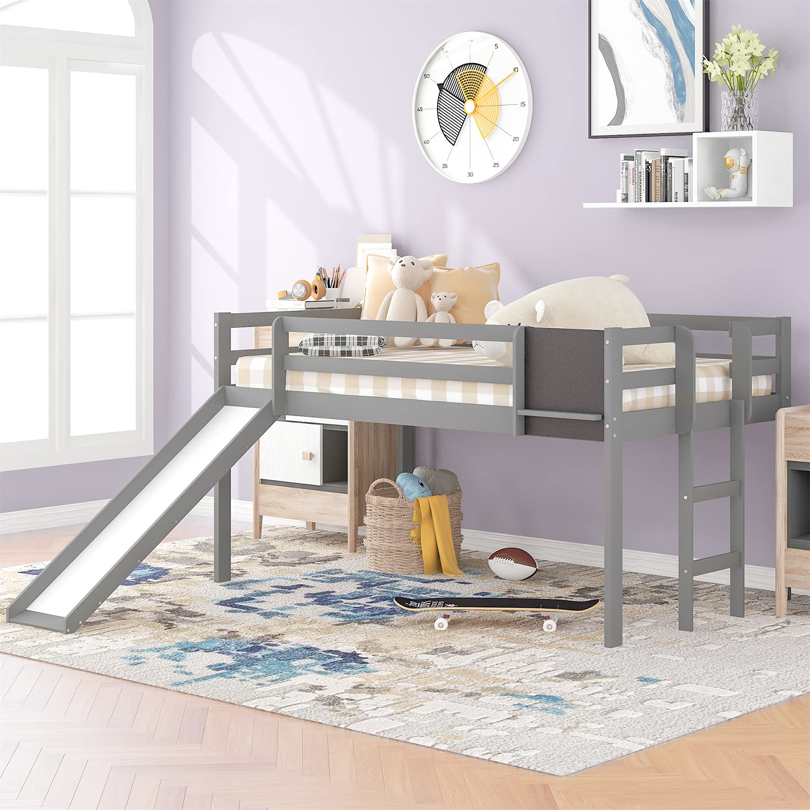 **Low Loft Twin Bed for Kids & Teens - Sturdy Wood Frame with Ladder - Space-Saving Junior Loft Bed in Gray - Perfect for Small Bedrooms, Dorms & Kids' Rooms**