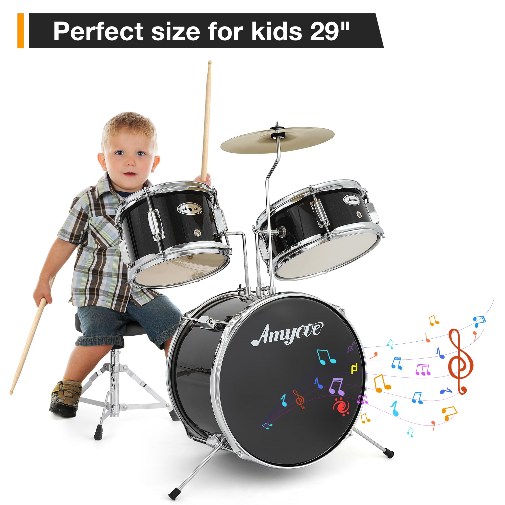 3-Piece Junior Drum Set with Cymbal, Tom, Bass Drum, Drumsticks, Pedal & Stool - Complete Beginner Drum Kit for Kids & Teens - Perfect for Home Practice, Music Lessons & Rock Band Performances (Black)