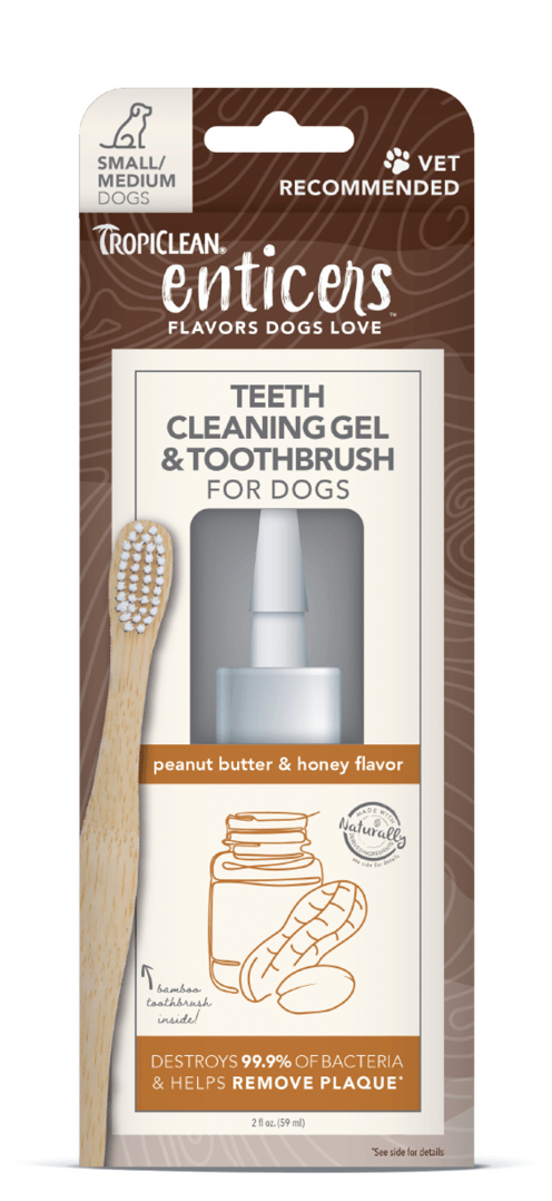 Tropiclean Enticers Peanut Butter & Honey Flavored Dog Teeth Cleaning Gel & Toothbrush Set - 2oz Dental Care Kit for Fresh Breath & Plaque Removal - Perfect for Small & Medium Dogs at Home or Travel