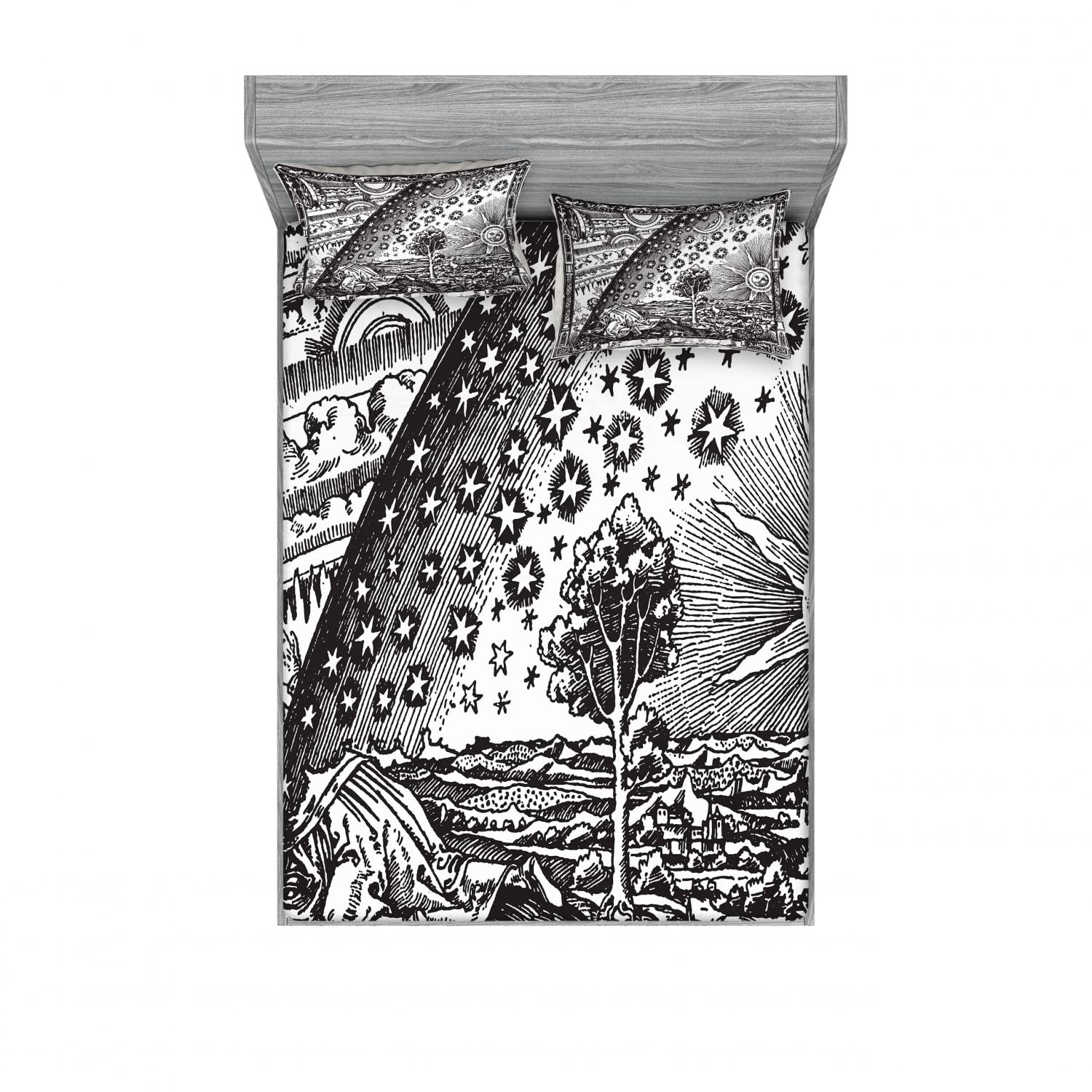 Vintage 2-Piece Full Size Fitted Sheet Set with 4 Pillow Shams - Moon & Sun Planets Design in Charcoal Grey - Soft Bedding Decor for Space Themed Rooms & Astronomy Lovers