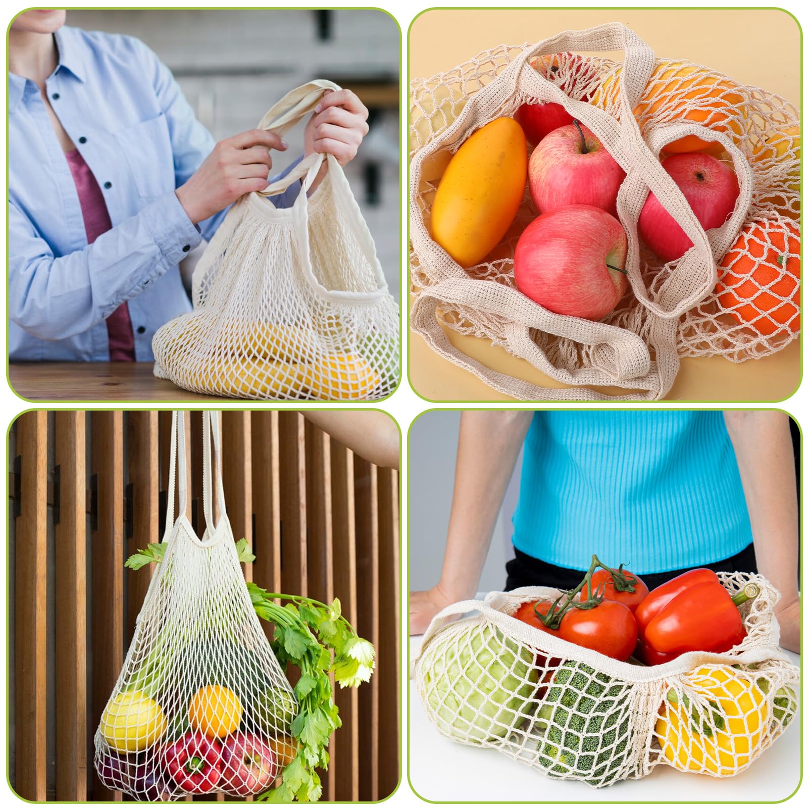 2 Pack Reusable Mesh Grocery Bags - Eco-Friendly Cotton String Shopping Totes for Fruits & Vegetables, Long Handle Washable Produce Bags, Portable & Durable (Beige) - Perfect for Farmers Market, Grocery Shopping & Food Storage