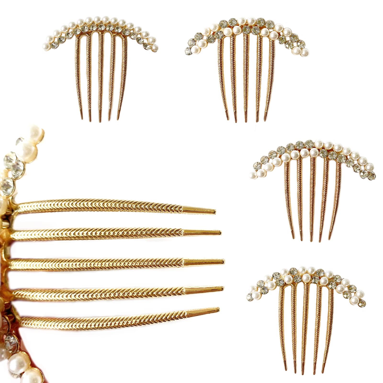 Briskyto 4 Pack Vintage Gold Pearl Hair Combs with Rhinestones - 5 Teeth Hairpins & Hair Clips for Women, Bridal, Prom, Wedding, and Party Hairstyles