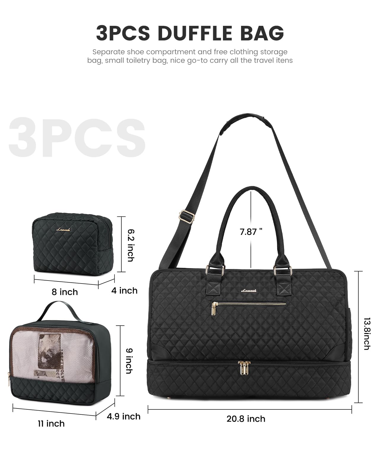 LOVEVOOK Women's Weekender Travel Bag - Large Carry On Duffle with Shoe Compartment & Toiletry Bag - Perfect for Overnight Trips, Hospital Labor Delivery, Gym Workout & Weekend Getaways (3-Piece Set)