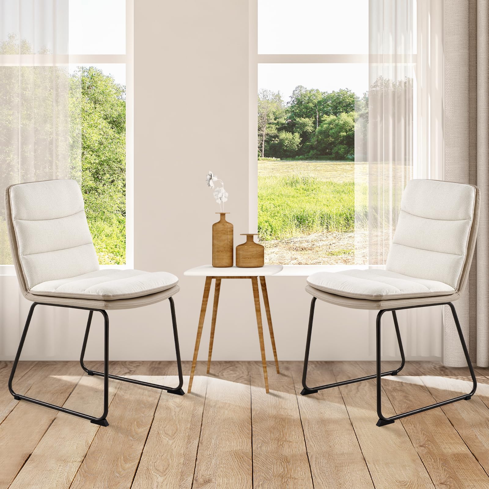 COLAMY Modern Dining Chairs Set of 2 - High Back Waffle Upholstered Kitchen Chairs with Metal Legs, Cream - Perfect for Dining Room, Kitchen, Breakfast Nook & Small Spaces
