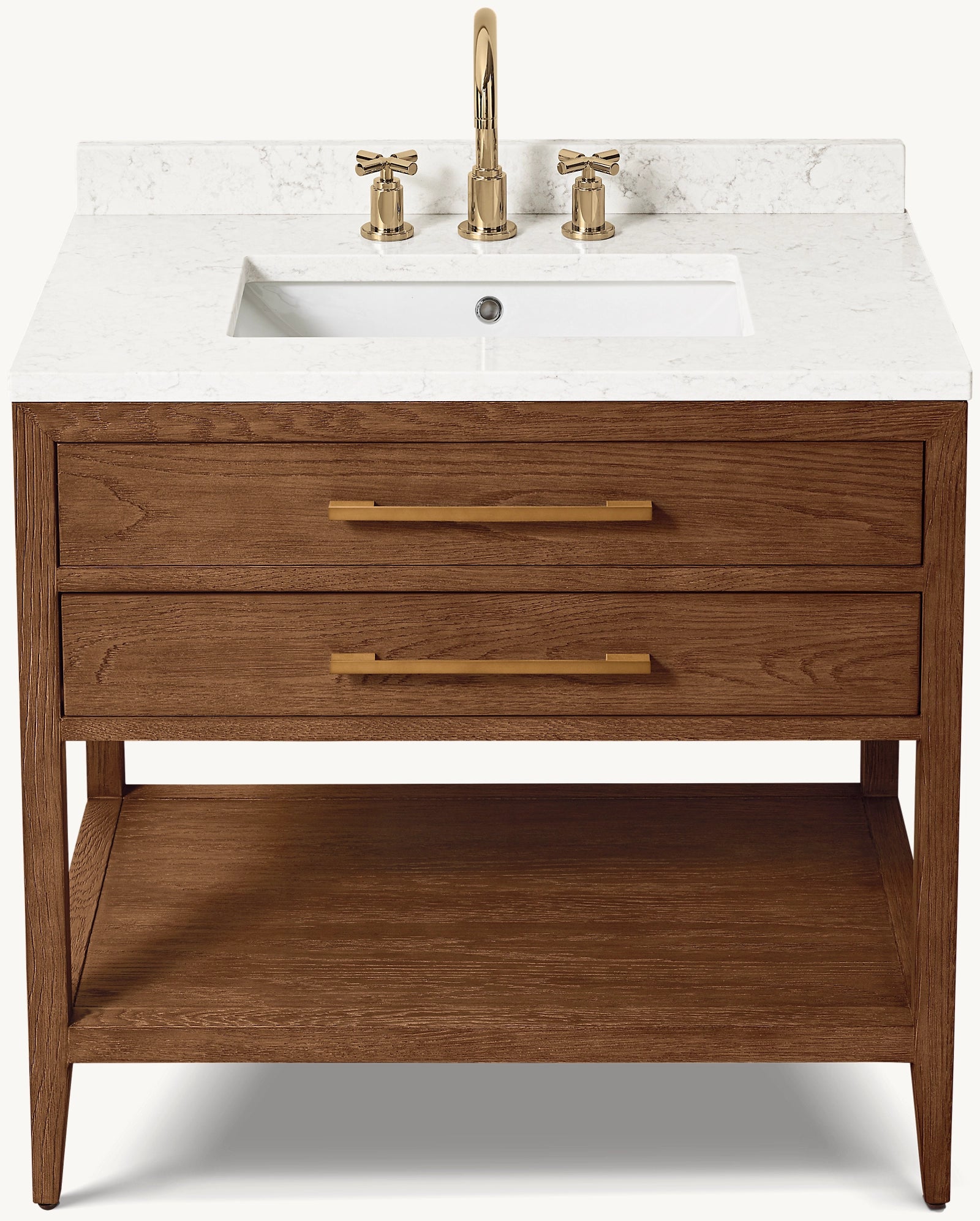 French Contemporary Single Washstand in Coffee Oak, Satin Aged Brass & Viatera Minuet - Perfect for Modern Bathroom Vanity & Luxury Home Decor
