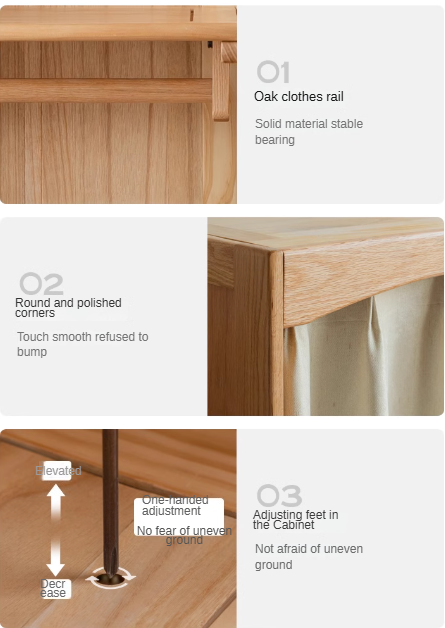 Oak Solid Wood Wardrobe with Curtain Design - Elegant Closet Storage for Bedroom, Living Room & Dorm Organization