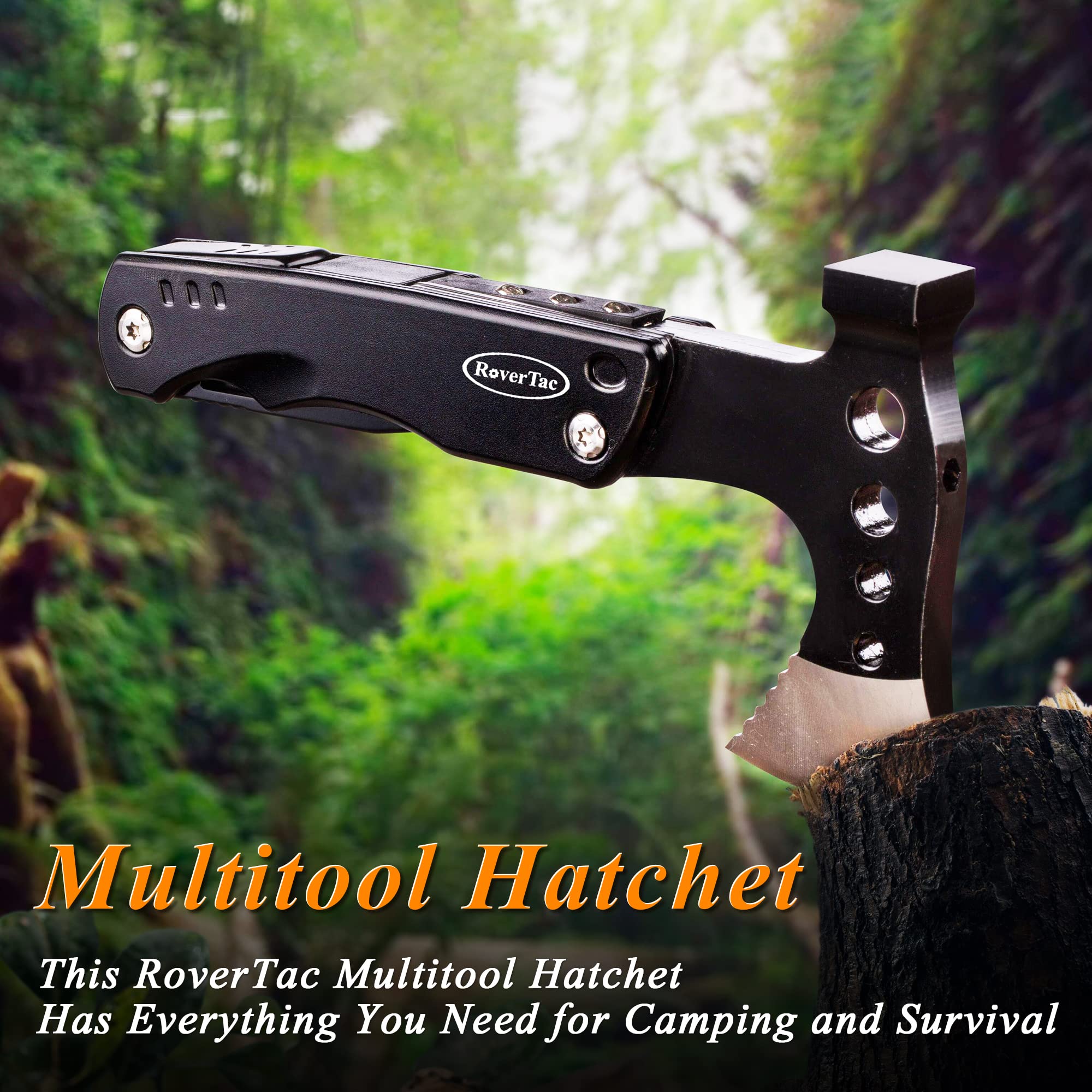RoverTac 11-in-1 Multi Tool Camping Axe with Knife, Hammer, Saw & Bottle Opener - Survival Gear for Men - Perfect for Camping, Hiking & Outdoor Adventures