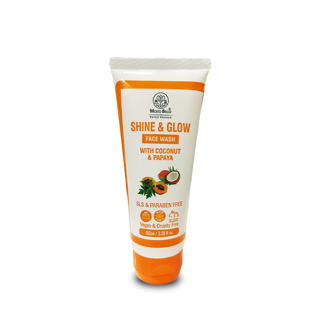 Molto Bello Shine & Glow Face Wash with Papaya Extract & Coconut - Brightening & Hydrating Facial Cleanser for All Skin Types - Perfect for Morning & Night Skincare Routine