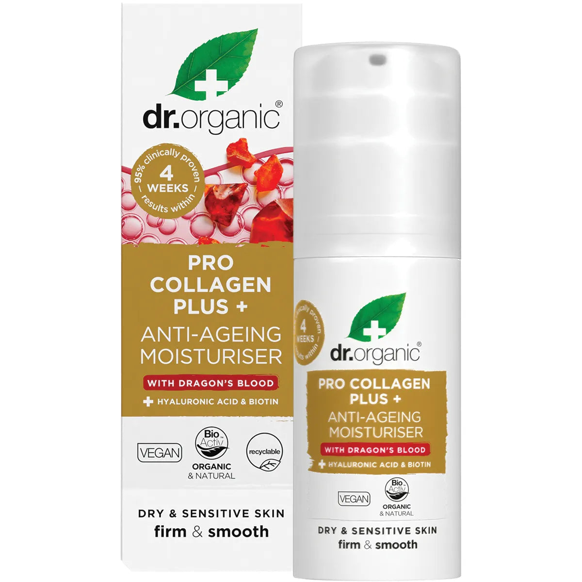 Dr Organic Pro Collagen Plus+ Anti-Aging Face Moisturizer with Dragon's Blood - Hydrating & Firming Cream for Wrinkles & Fine Lines - Day & Night Skincare Routine