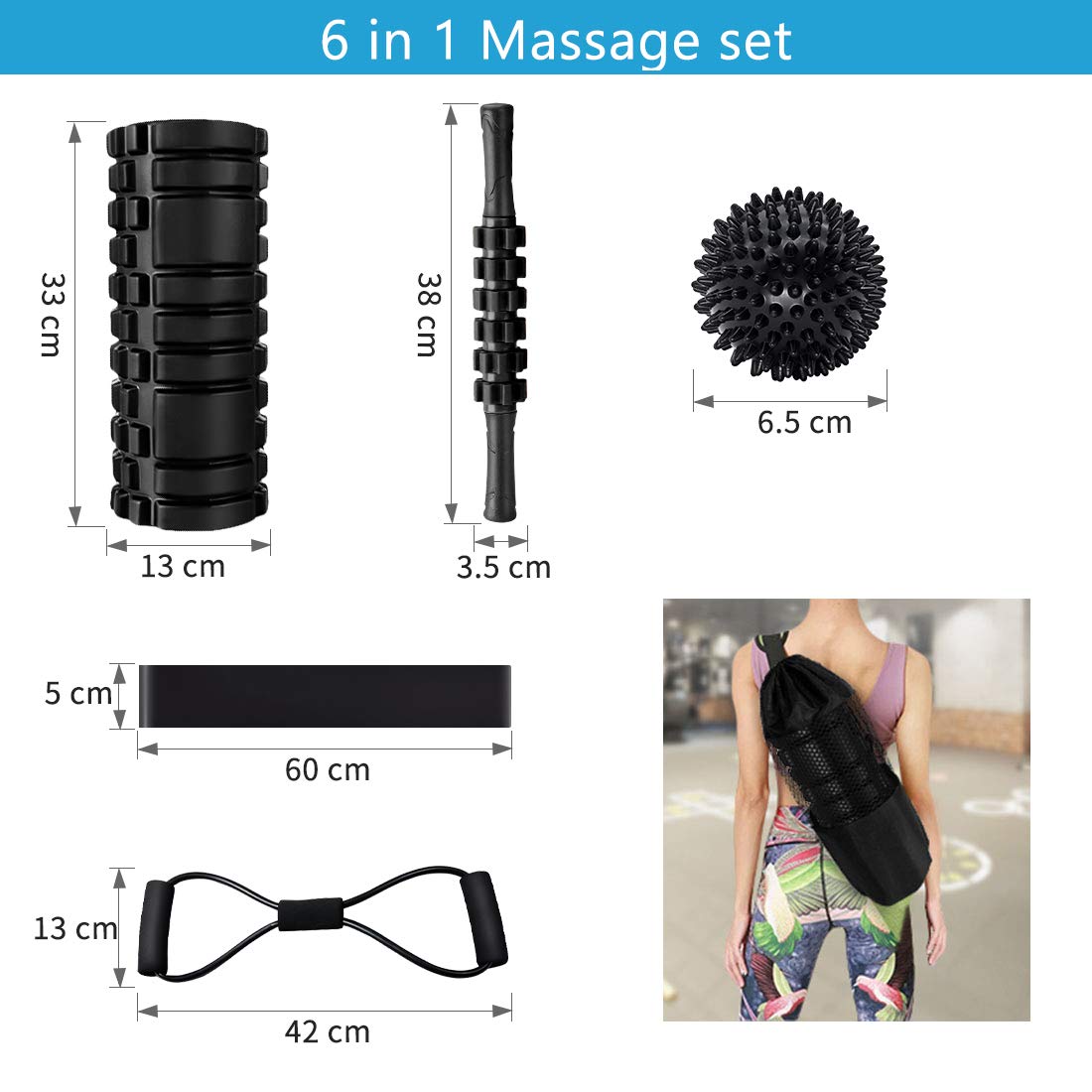 KilYn 6-in-1 Foam Roller Set for Deep Tissue Massage - Includes Muscle Roller Stick, Exercise Resistance Bands, Massage Ball, High & Low Density Foam Rollers - Perfect for Yoga, Pilates, Workout Recovery & Physical Therapy - Comes with Convenient Carry Bag (Black)