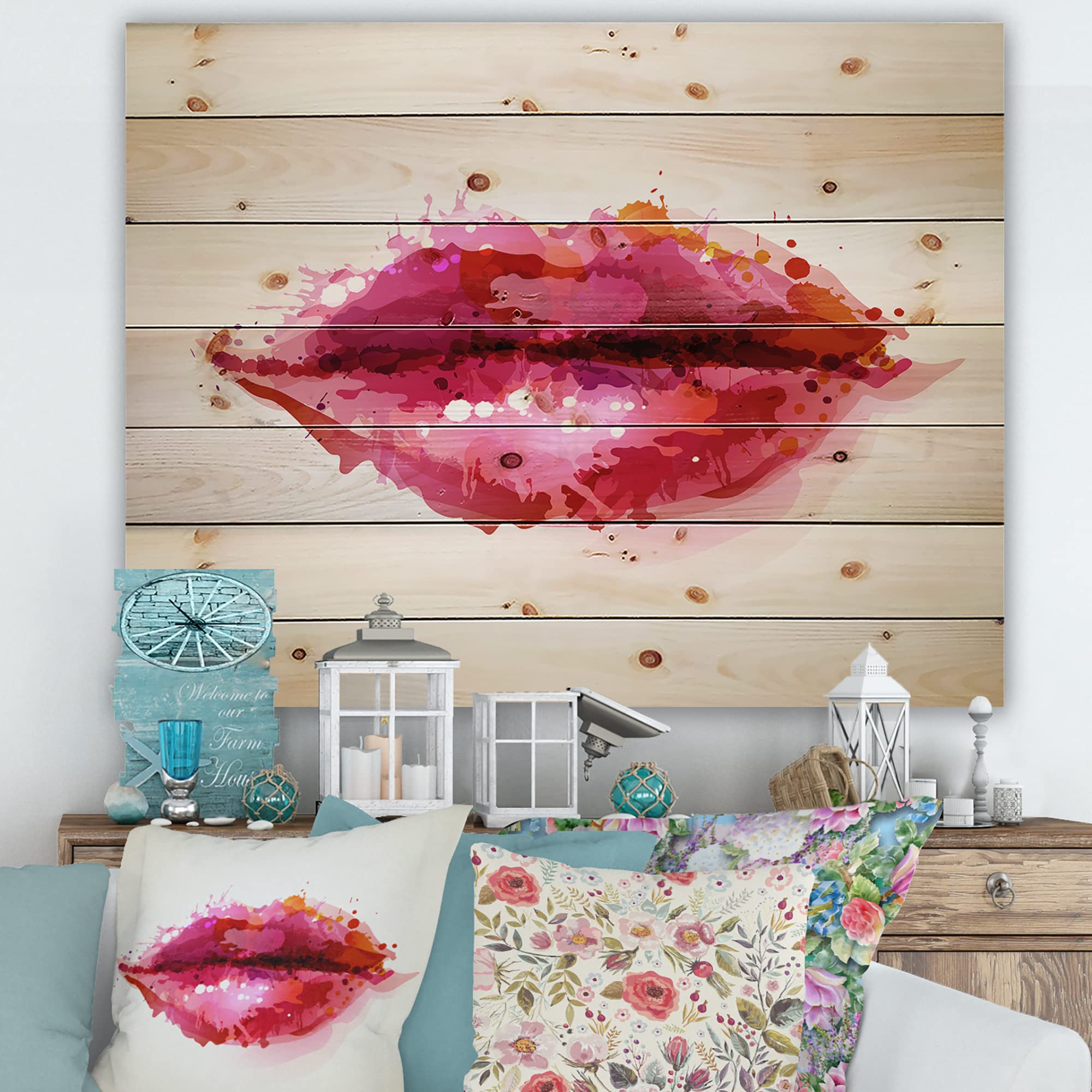 Abstract Red Lips Wood Wall Art - Modern Pine Decor for Living Room